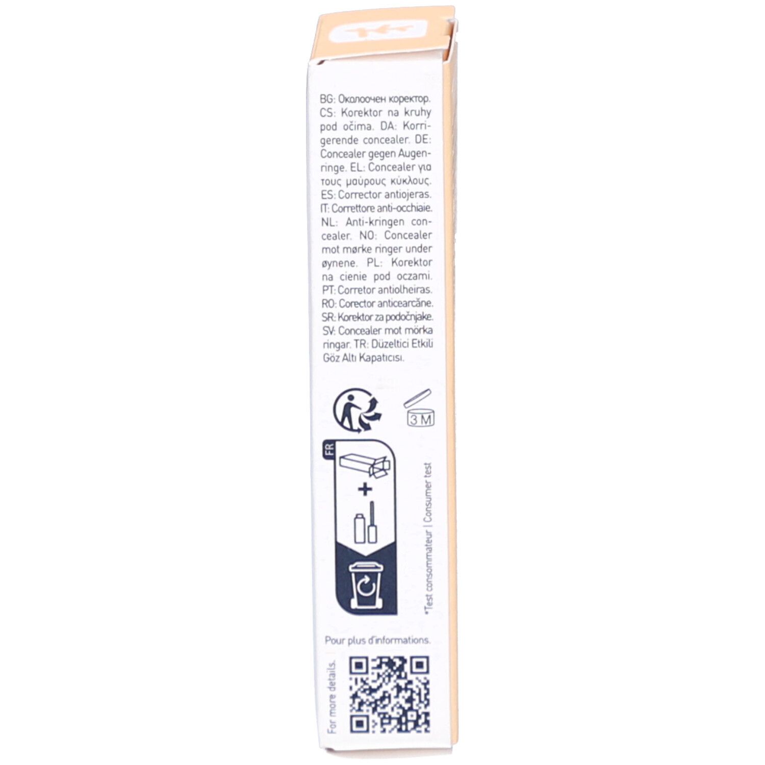 Verpackung mit mehrsprachigem Text. Informationen in verschiedenen Sprachen. QR-Code und Symbole.