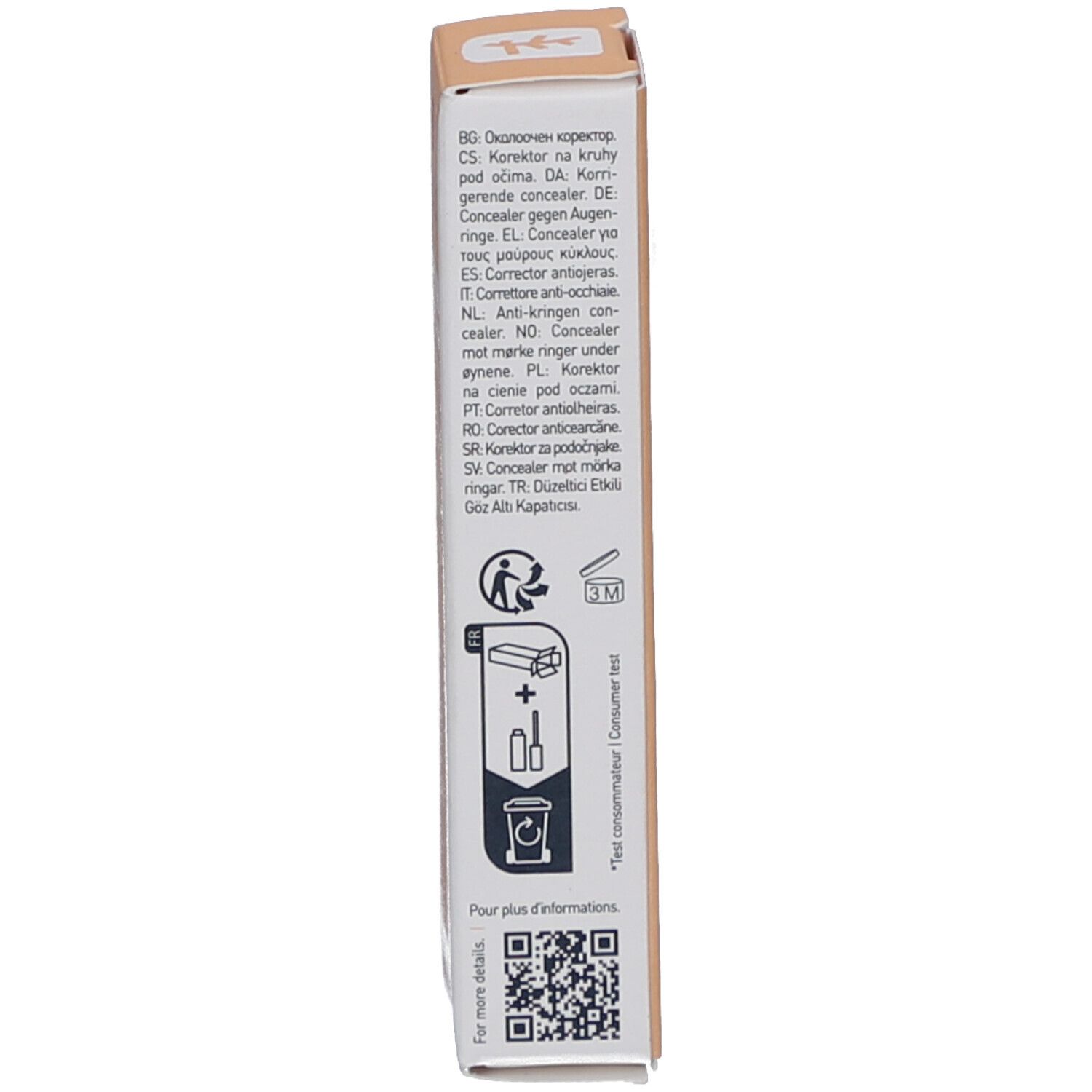 Produktverpackung, Seite. Mehrsprachiger Text und Piktogramme.