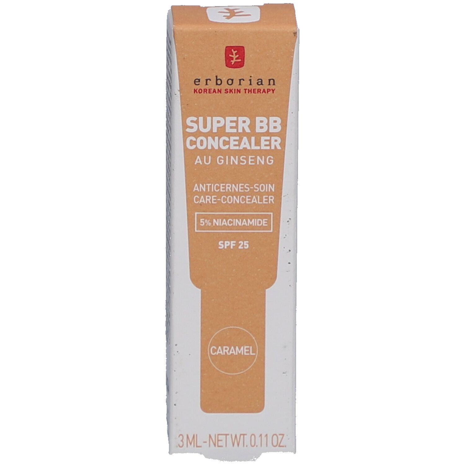 Verpackung von Erborian Super BB Concealer. Farbe: Caramel. Text: SPF 25, 3ml.