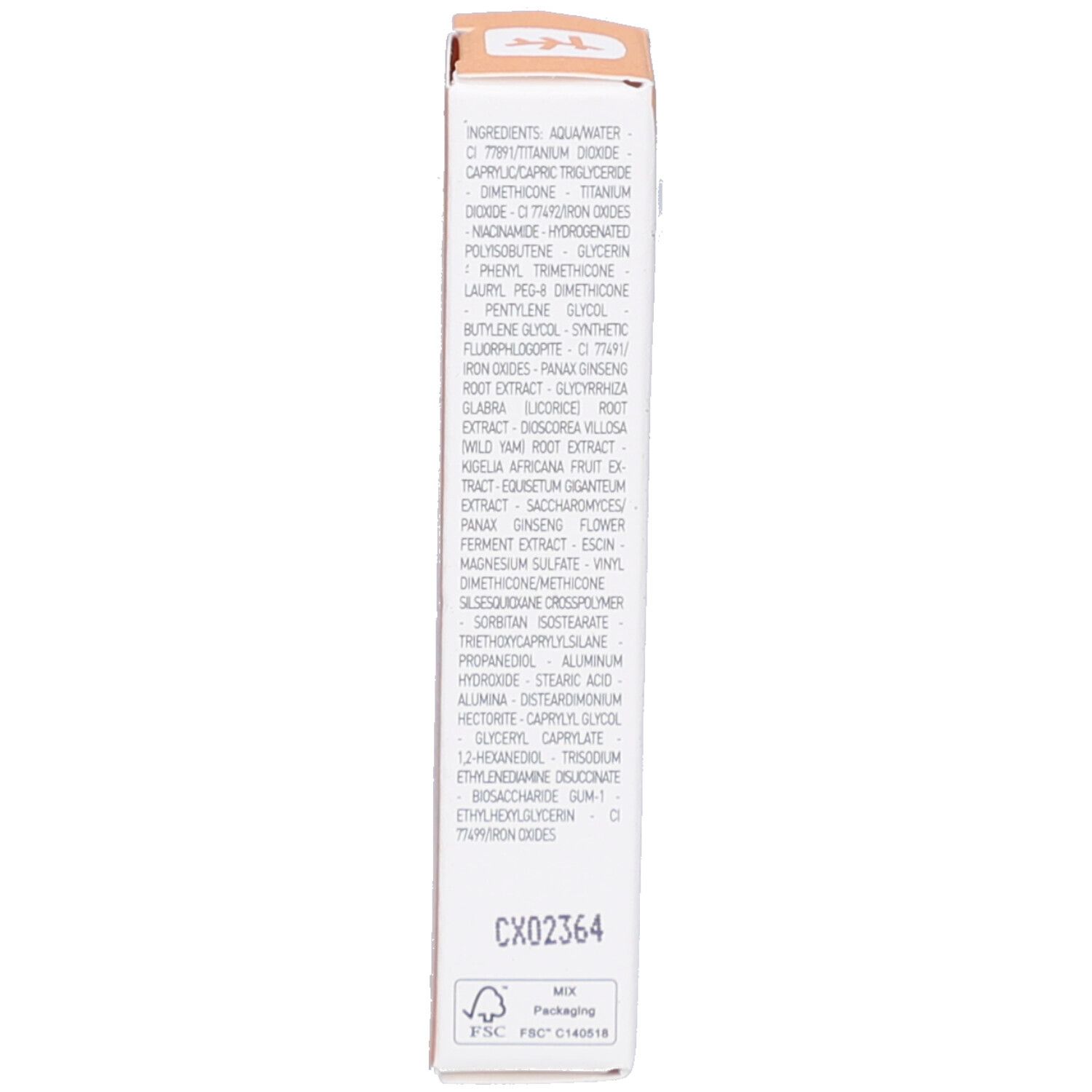 Verpackung, Text: Inhaltsstoffe, CX02364, FSC-Logo.