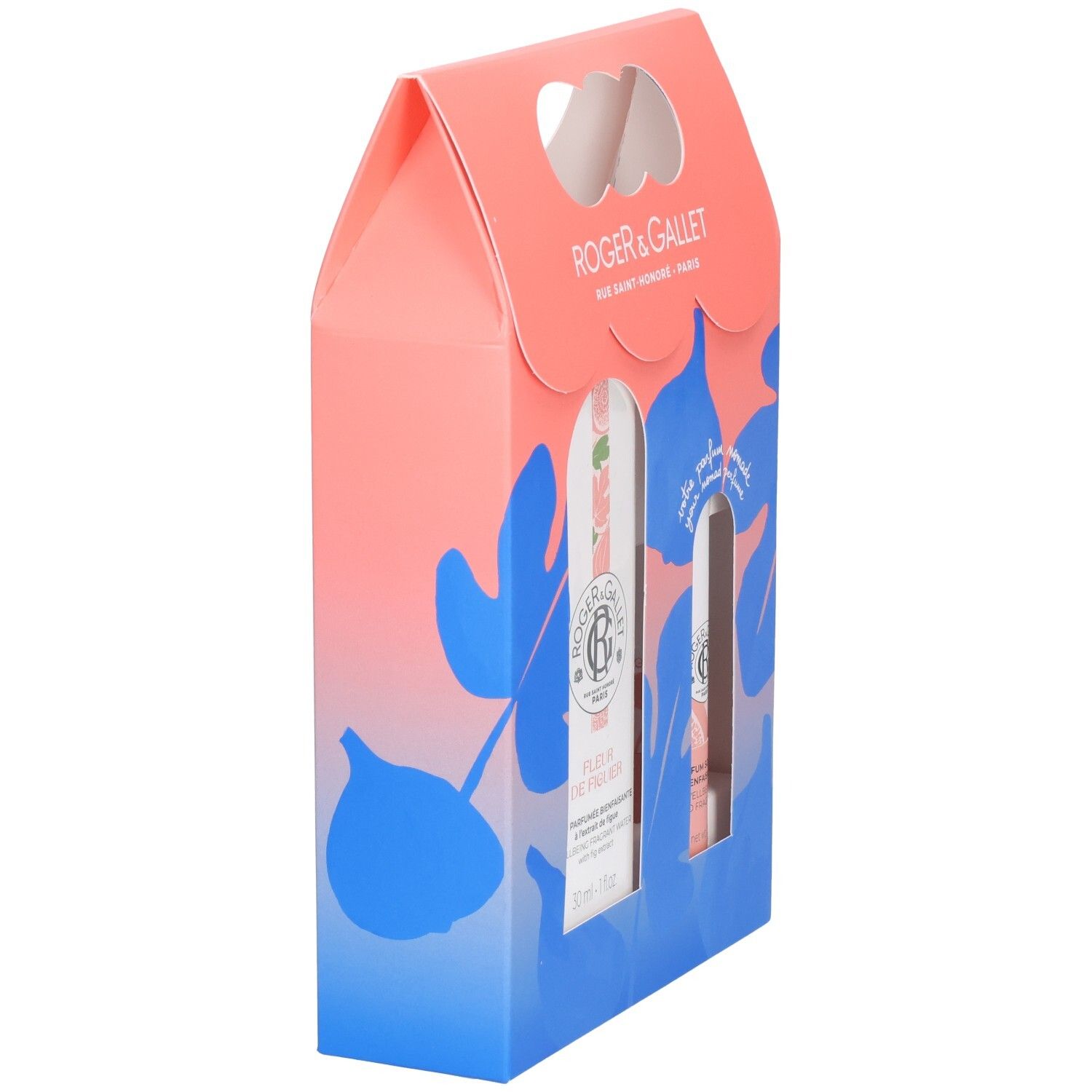 Seitenansicht der Geschenkbox. Rosa-blaue Verpackung mit Logo. Zwei Flakons sichtbar. Griffloch oben.