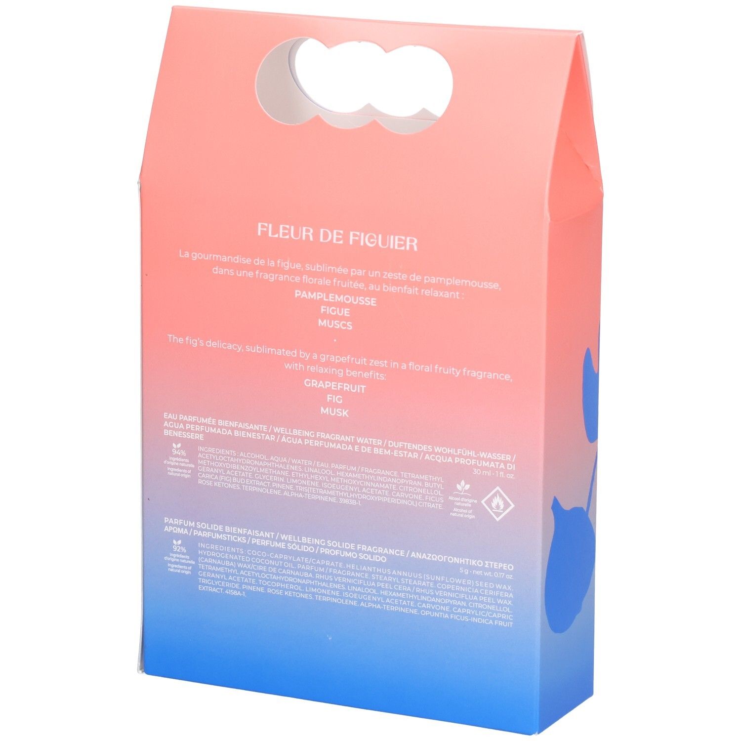 Rückseite der Geschenkbox. Rosa-blaue Verpackung mit Produktinformationen und Inhaltsstoffen. Text in mehreren Sprachen.