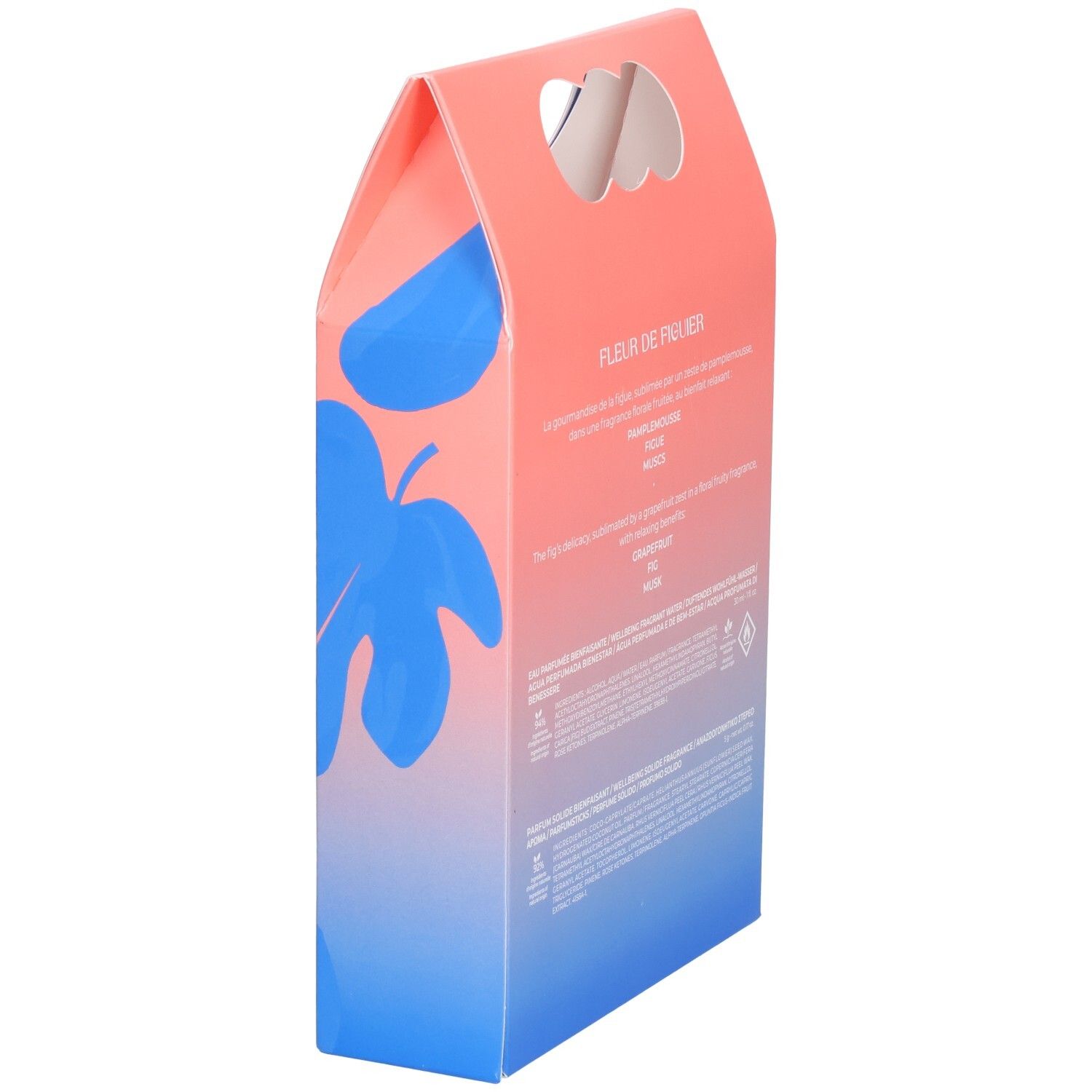 Seitenansicht der Geschenkbox. Rosa-blaue Verpackung mit Produktnamen. Text und Logo sichtbar.