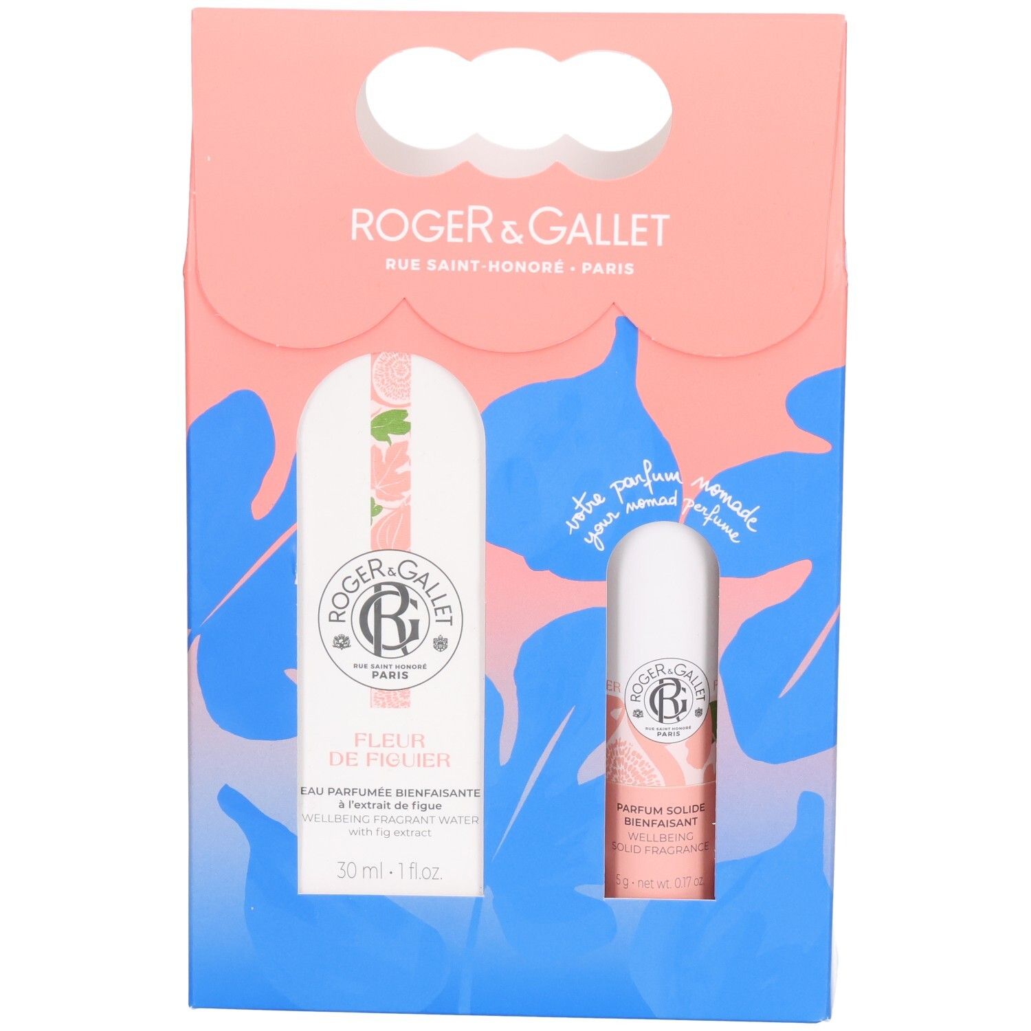 Geschenkset mit zwei Flakons. Rosa-blaue Verpackung mit Logo und Produktnamen. Ein Flakon 30ml, ein kleinerer.