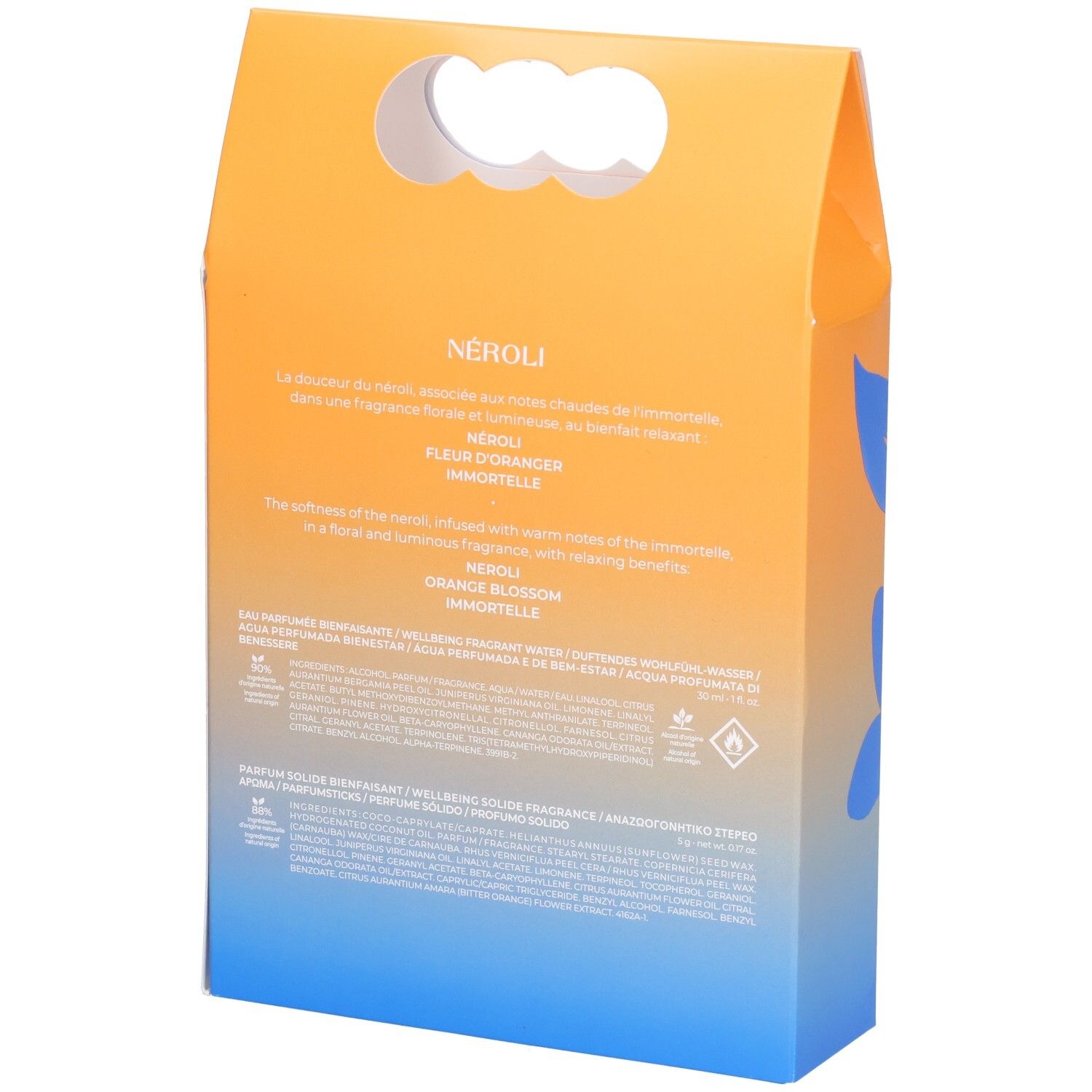 Rückseite des Geschenksets. Text mit Produktinformationen und Inhaltsstoffen. Orange-blaues Design.