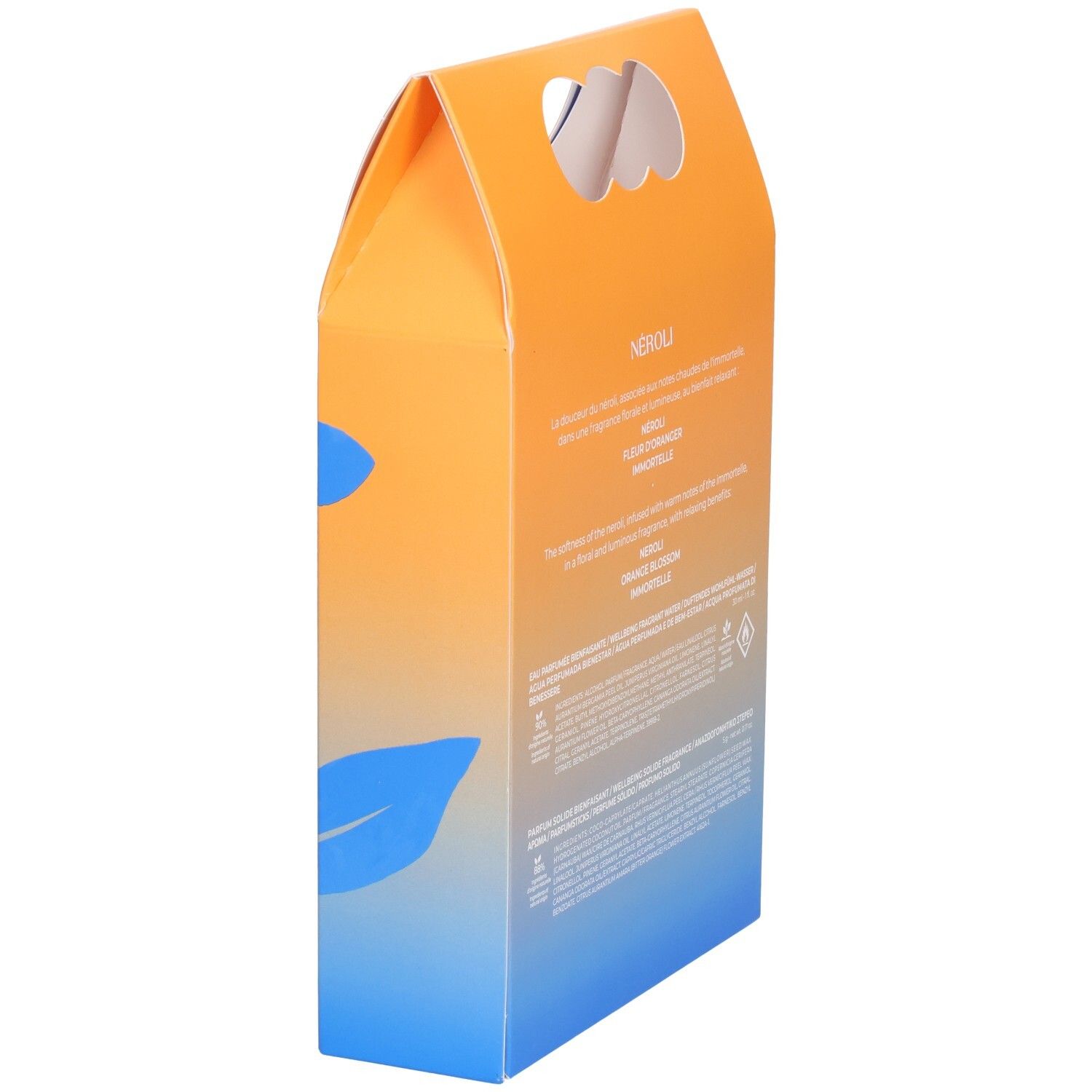 Rückseite des Geschenksets. Orange-blaues Design. Text mit Produktinformationen. NEROLI-Logo.