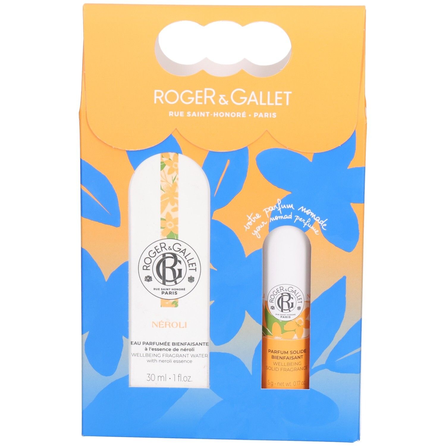 Geschenkset ROGER & GALLET. Orange-blaues Design mit Blumenmuster. Enthält Eau Parfumée und Parfum Solide.
