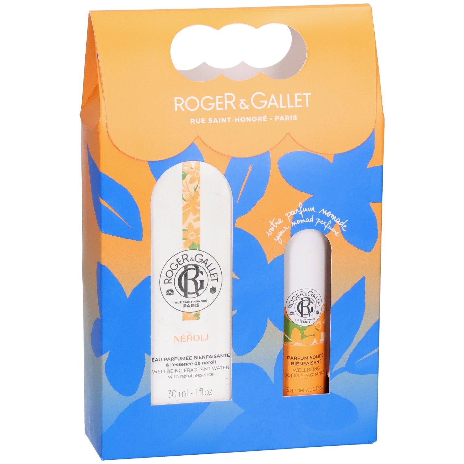 Geschenkset ROGER & GALLET. Orange-blaues Design mit Blumenmuster. Enthält Eau Parfumée und Parfum Solide.