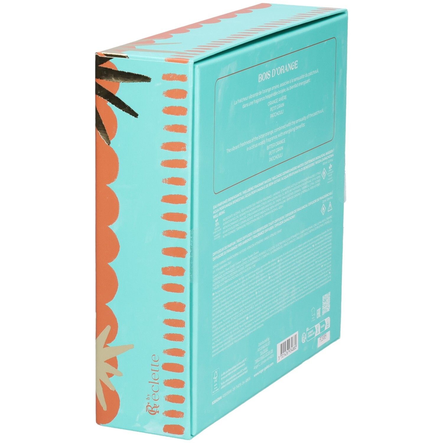 Türkisfarbene Geschenkbox mit orangefarbenen und goldenen Verzierungen. Text auf der Oberseite: 'BOIS D'ORANGE'.