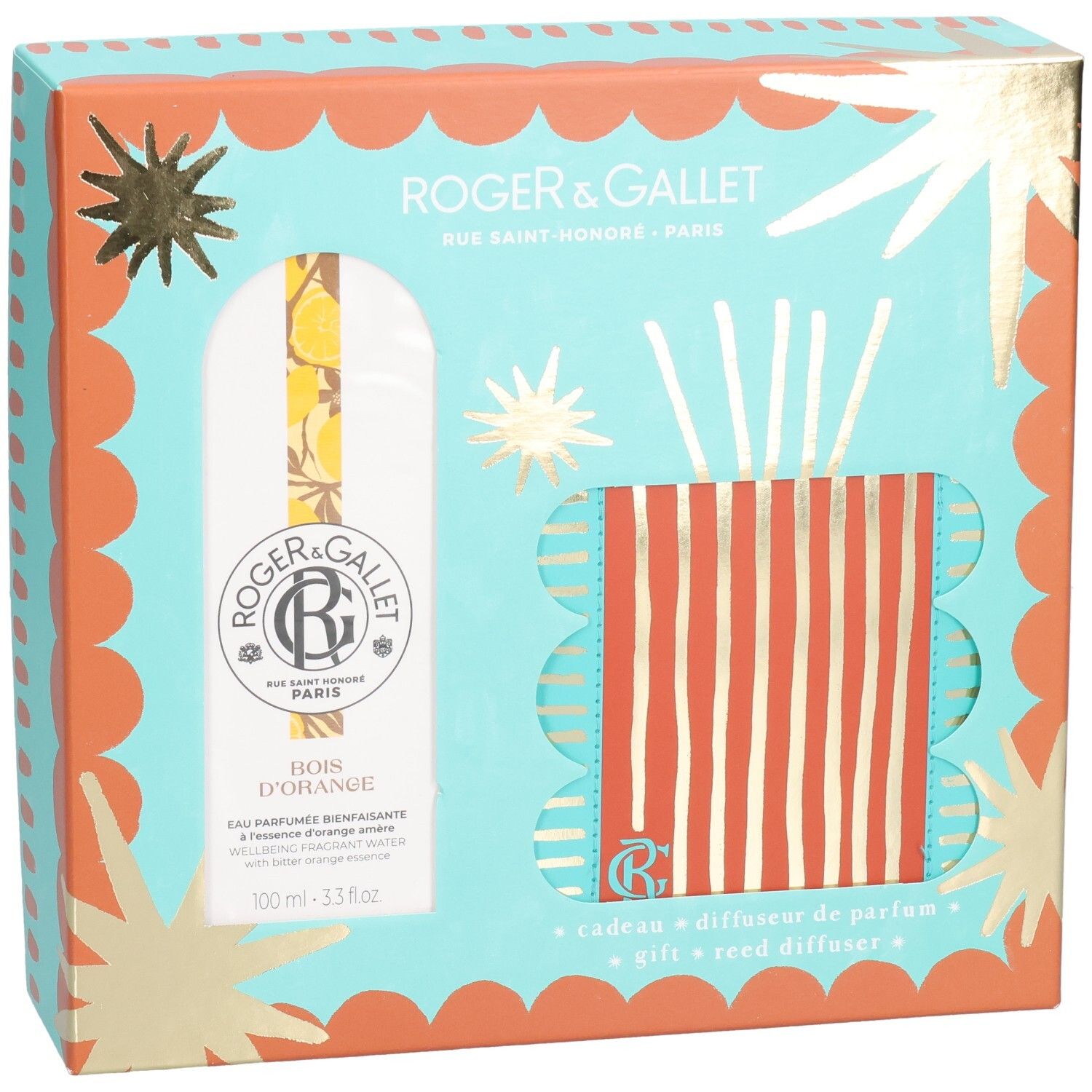 Roger & Gallet Geschenkset mit Eau de Parfum und Duftstäbchen. Flakon mit Orangenmotiv.