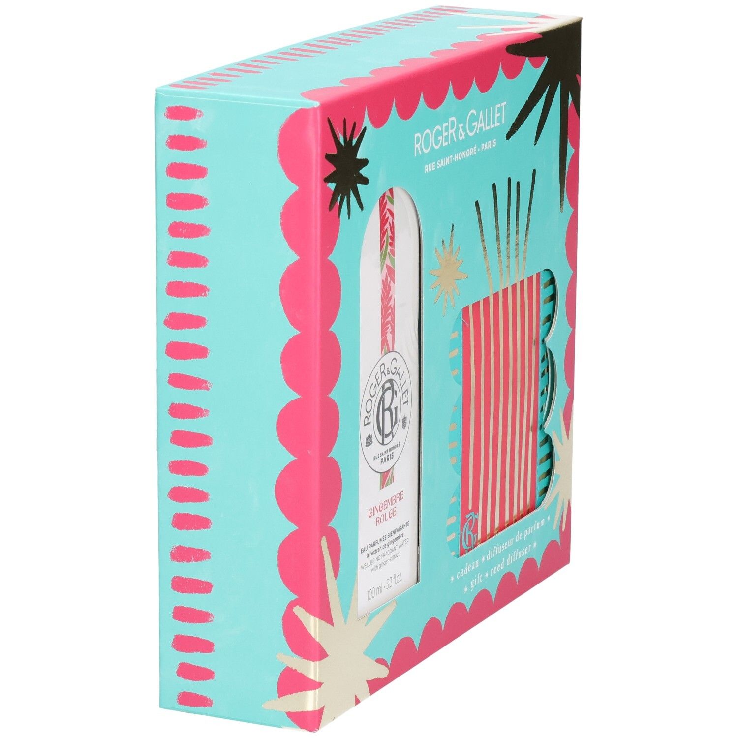Schrägansicht des Geschenksets. Türkis-rosa Verpackung mit Sternen und Wellen. Enthält Flakon und Diffusor mit Stäbchen. Marke sichtbar.