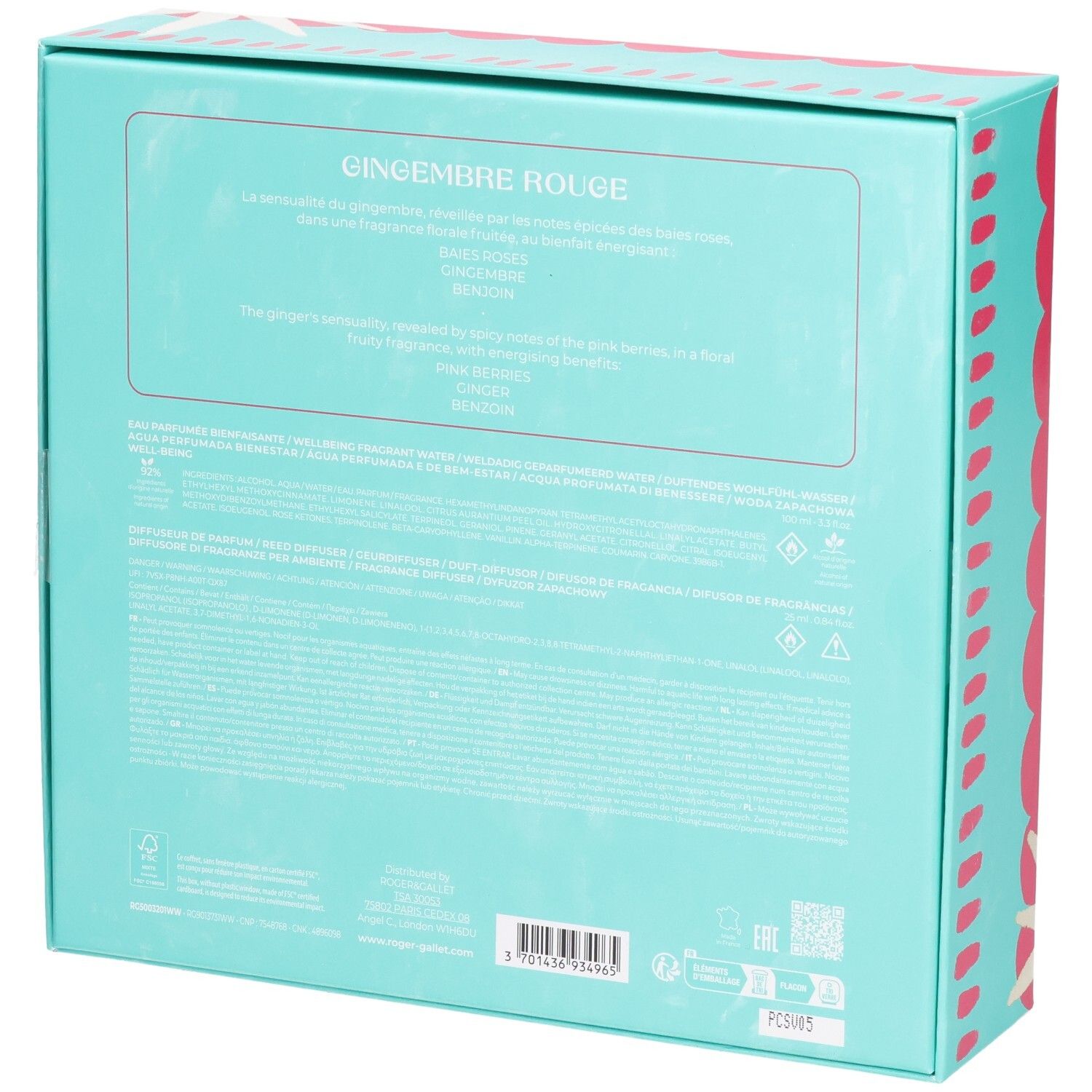 Rückseite der Geschenkbox. Türkis mit Text. Produktname: Gingembre Rouge. Informationen über Inhaltsstoffe und Hersteller.