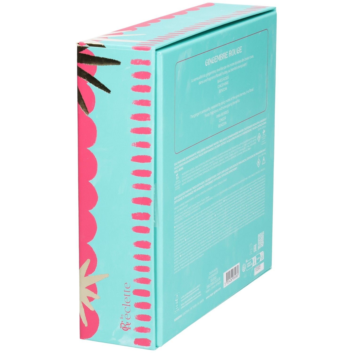 Schrägansicht der Rückseite der Geschenkbox. Türkis mit Text. Produktname: Gingembre Rouge. Herstellerinformationen.