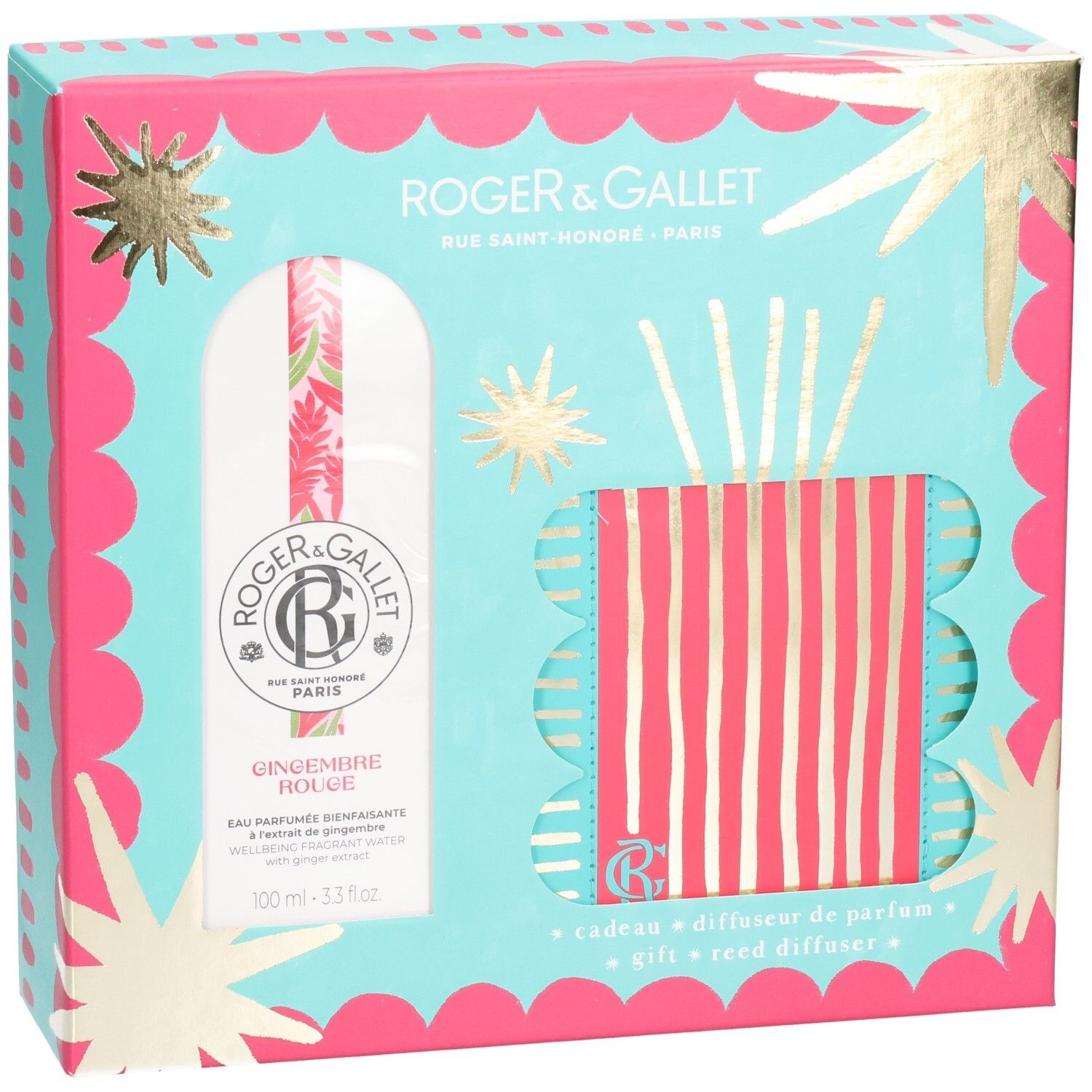 Geschenkset mit Eau Parfumée und Diffusor. Türkis-rosa Verpackung. Enthält Flakon, Diffusor mit Stäbchen. Marke und Produktname sichtbar.