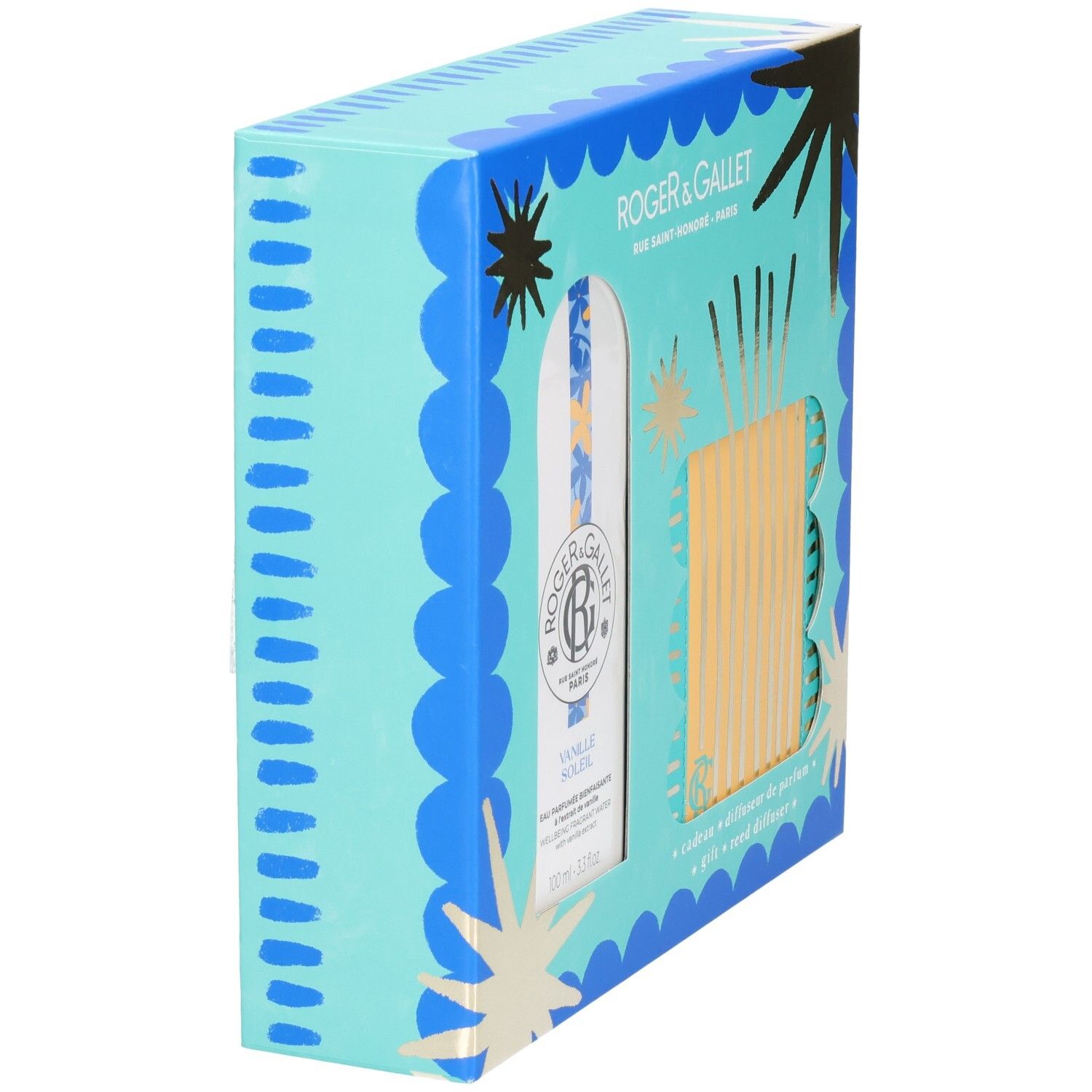 Schräg gestellte Geschenkbox. Hellblau mit goldenen Sternen und blauen Wellen. Enthält Flakon und Diffusor. Marke Roger & Gallet.
