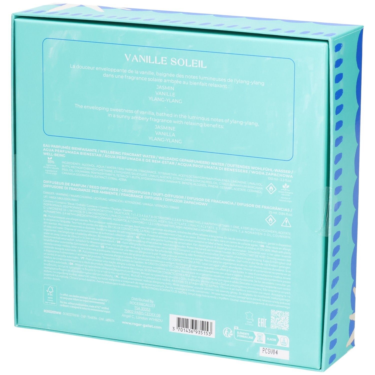 Rückseite der Geschenkbox. Hellblauer Hintergrund mit Text. Enthält Produktinformationen und Inhaltsstoffe. Marke Roger & Gallet.