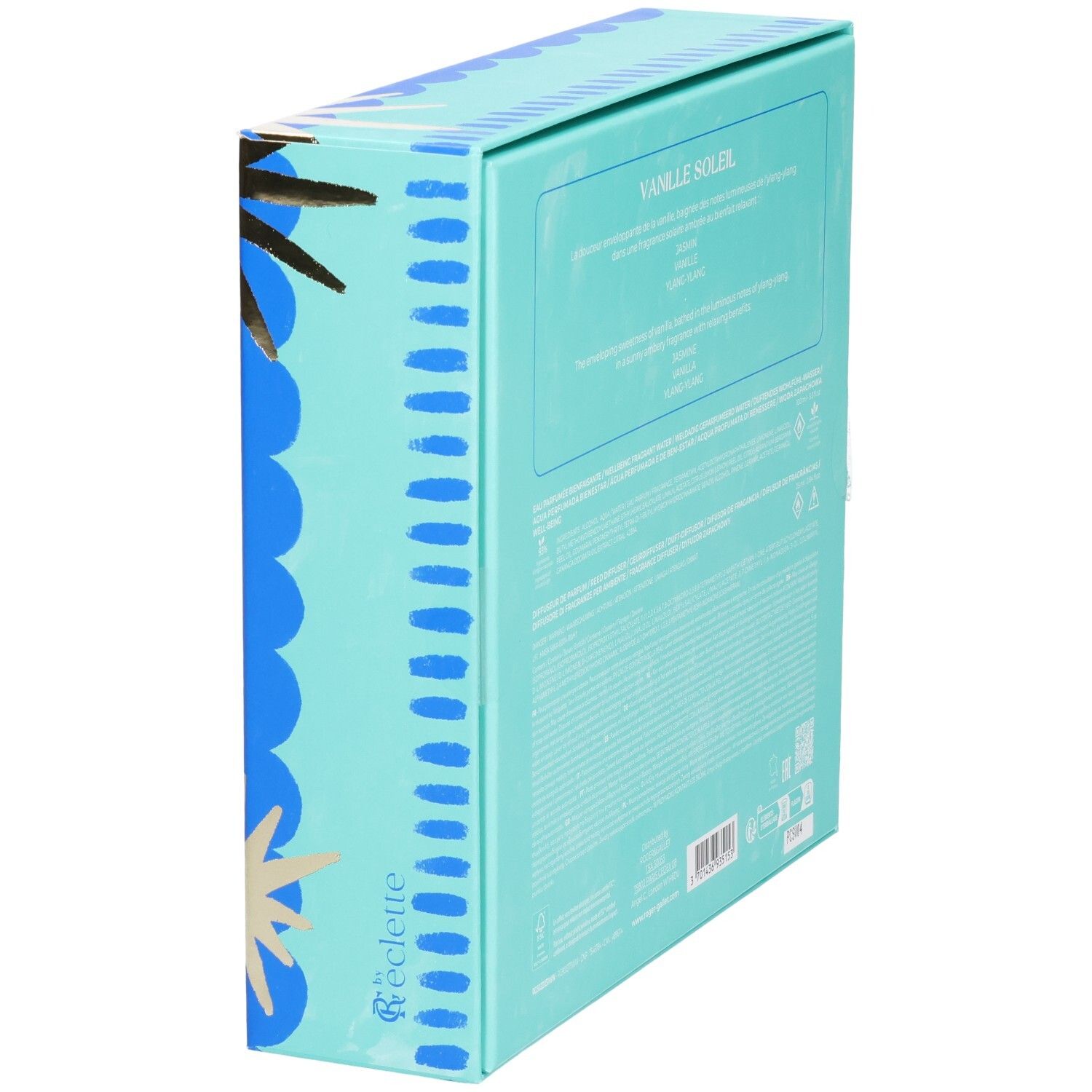Schräg gestellte Geschenkbox. Hellblauer Hintergrund mit Text. Enthält Produktinformationen. Marke Roger & Gallet.