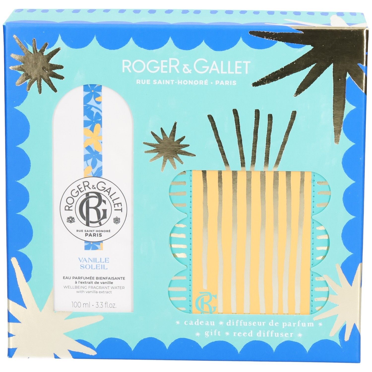 Geschenkset mit Duftdiffusor. Hellblau-goldene Verpackung mit Produktabbildungen. Enthält Flakon und Diffusor mit Stäbchen.