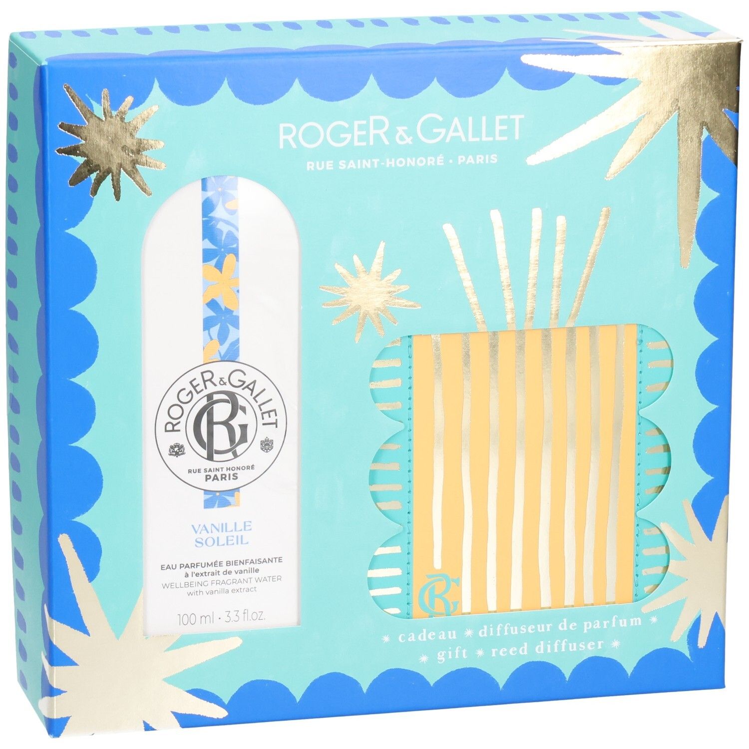Geschenkset mit Duftdiffusor. Hellblau-goldene Verpackung mit Produktabbildungen. Enthält Flakon und Diffusor mit Stäbchen.