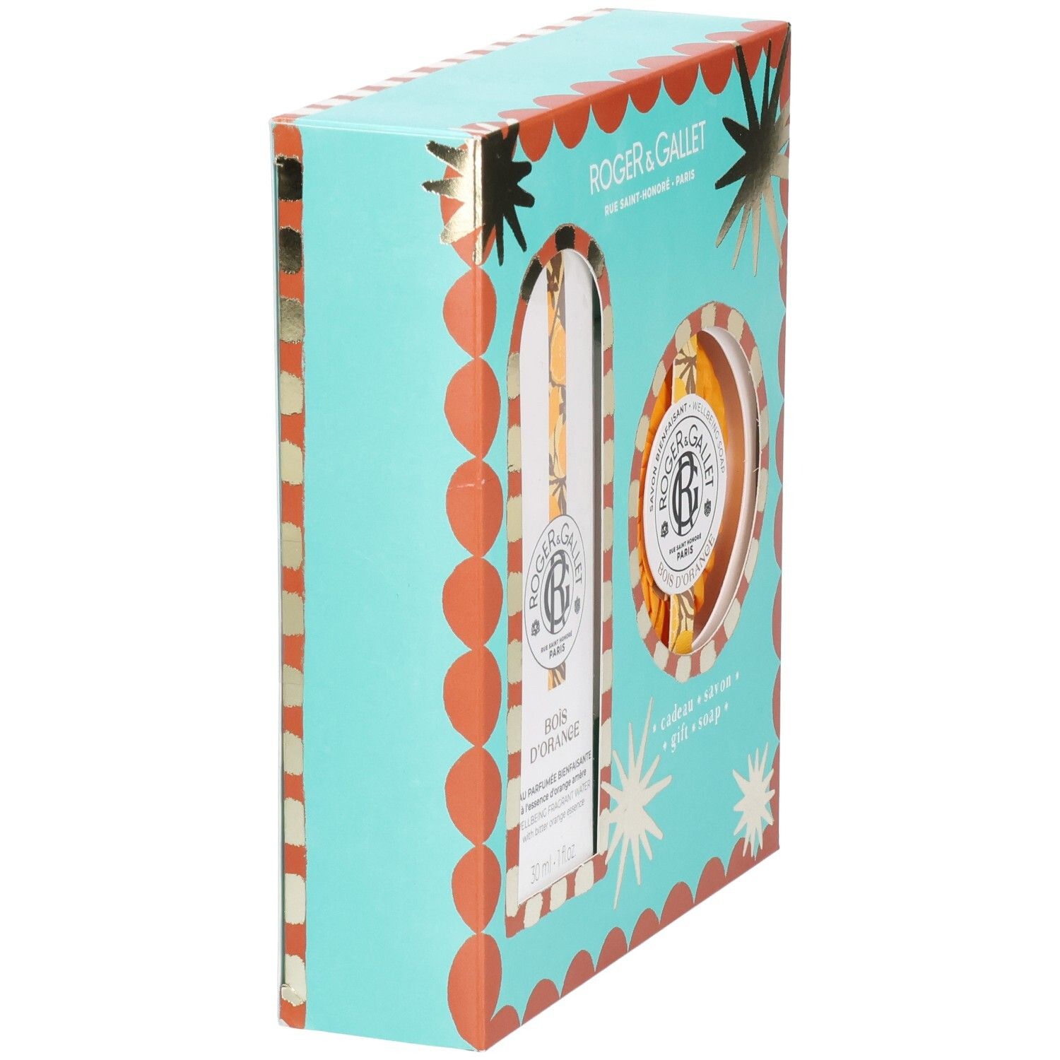 Türkis-orangefarbene Geschenkbox. Enthält Parfümwasser und Seife. Marke Roger & Gallet. Seitenansicht mit goldenen Akzenten.
