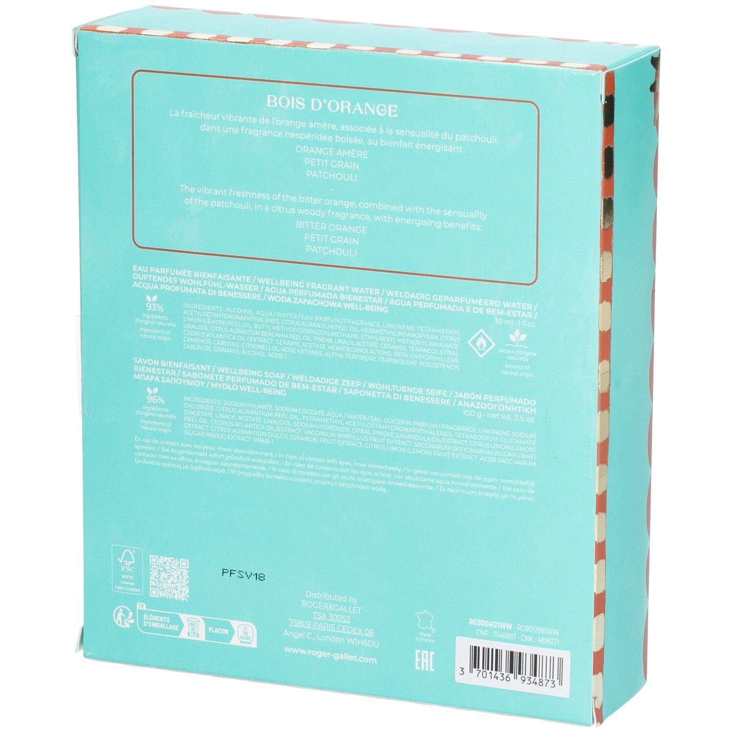 Rückseite der Geschenkbox. Text in Deutsch, Französisch und Englisch. Enthält Informationen zu Inhaltsstoffen und Zertifizierungen.
