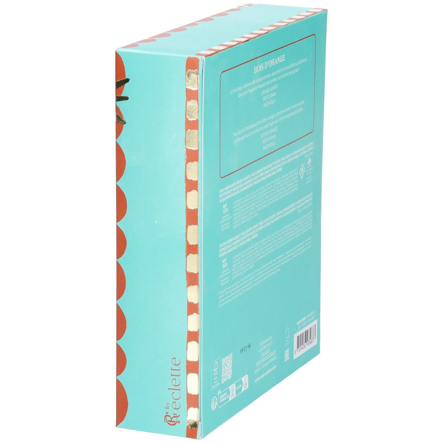Seitenansicht der Geschenkbox. Türkis-orangefarben mit Text. Marke Roger & Gallet. Enthält Informationen zu Inhaltsstoffen.