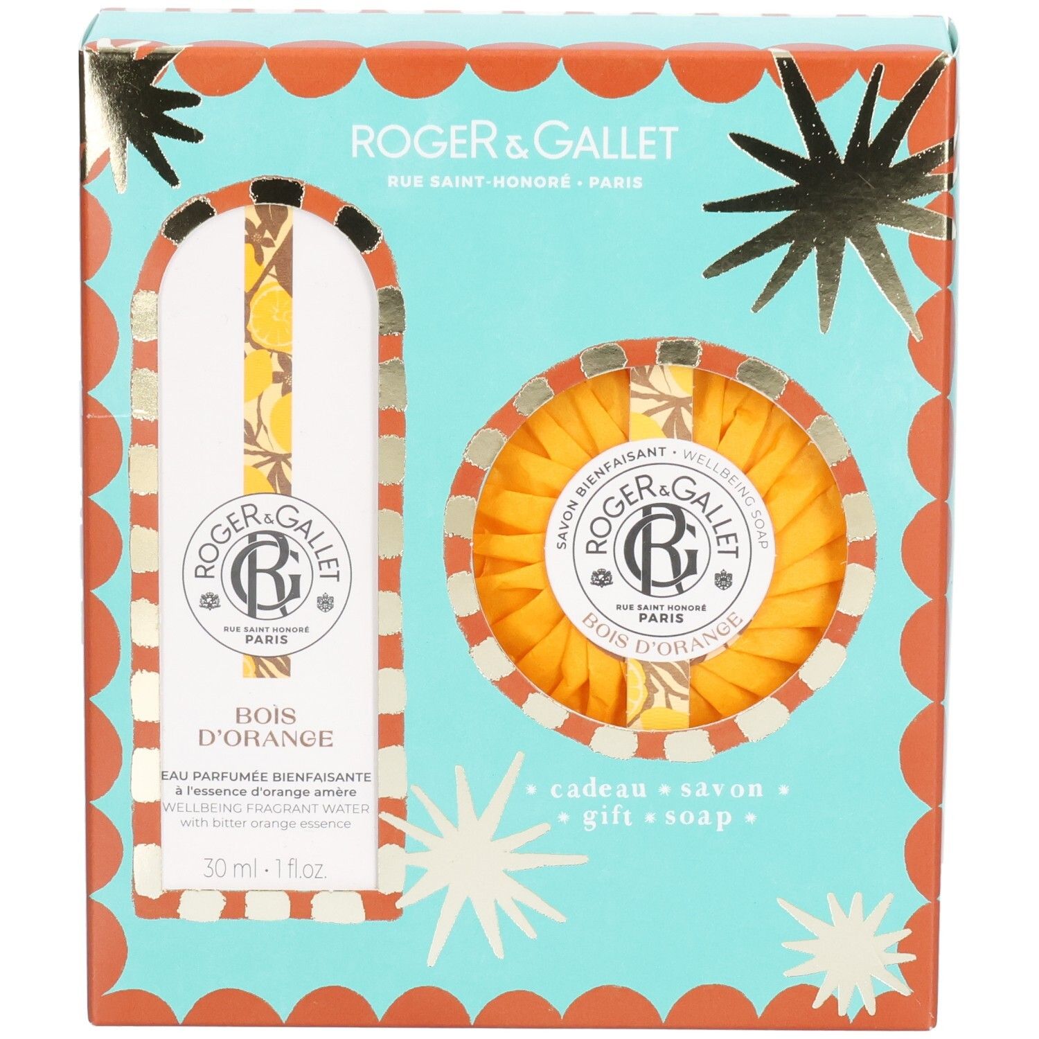 Geschenkset mit Parfümwasser und Seife. Türkis-orangefarbene Verpackung. Marke Roger & Gallet. Produktabbildungen.