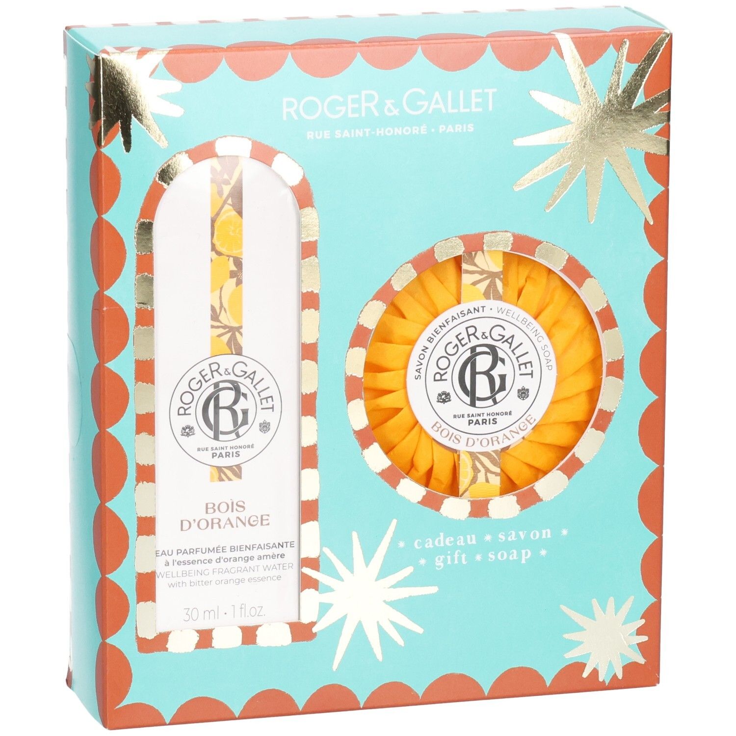 Geschenkset mit Parfümwasser und Seife. Türkis-orangefarbene Verpackung. Marke Roger & Gallet. Produktabbildungen.