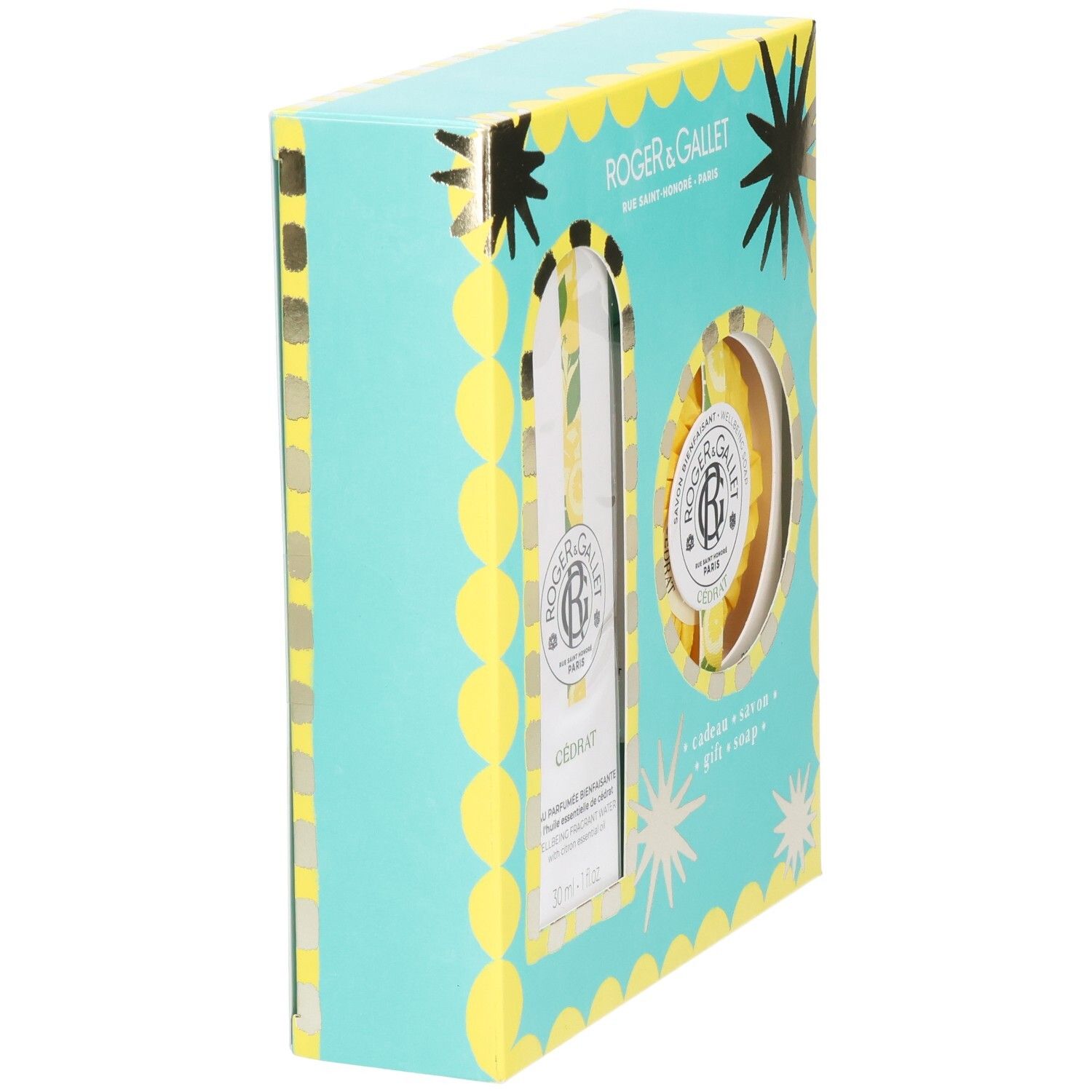 Geschenkset von Roger & Gallet, schräg von der Seite. Hellblaue Schachtel mit gelben Akzenten. Sichtbar: Cedrat, Parfümwasser und Seife.