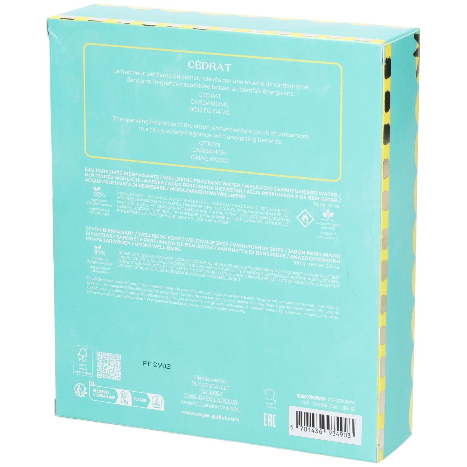 Rückseite der Geschenkbox von Roger & Gallet. Text in mehreren Sprachen. Hauptfarbe: Hellblau. Enthält Informationen zu Inhaltsstoffen.