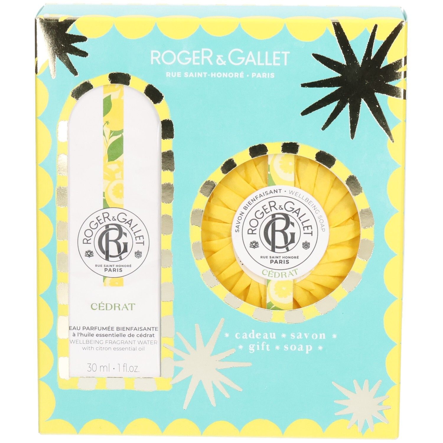 Geschenkset von Roger & Gallet mit Parfümwasser und Seife. Hellblaue Schachtel mit gelben Akzenten und Sternen. Cedrat.