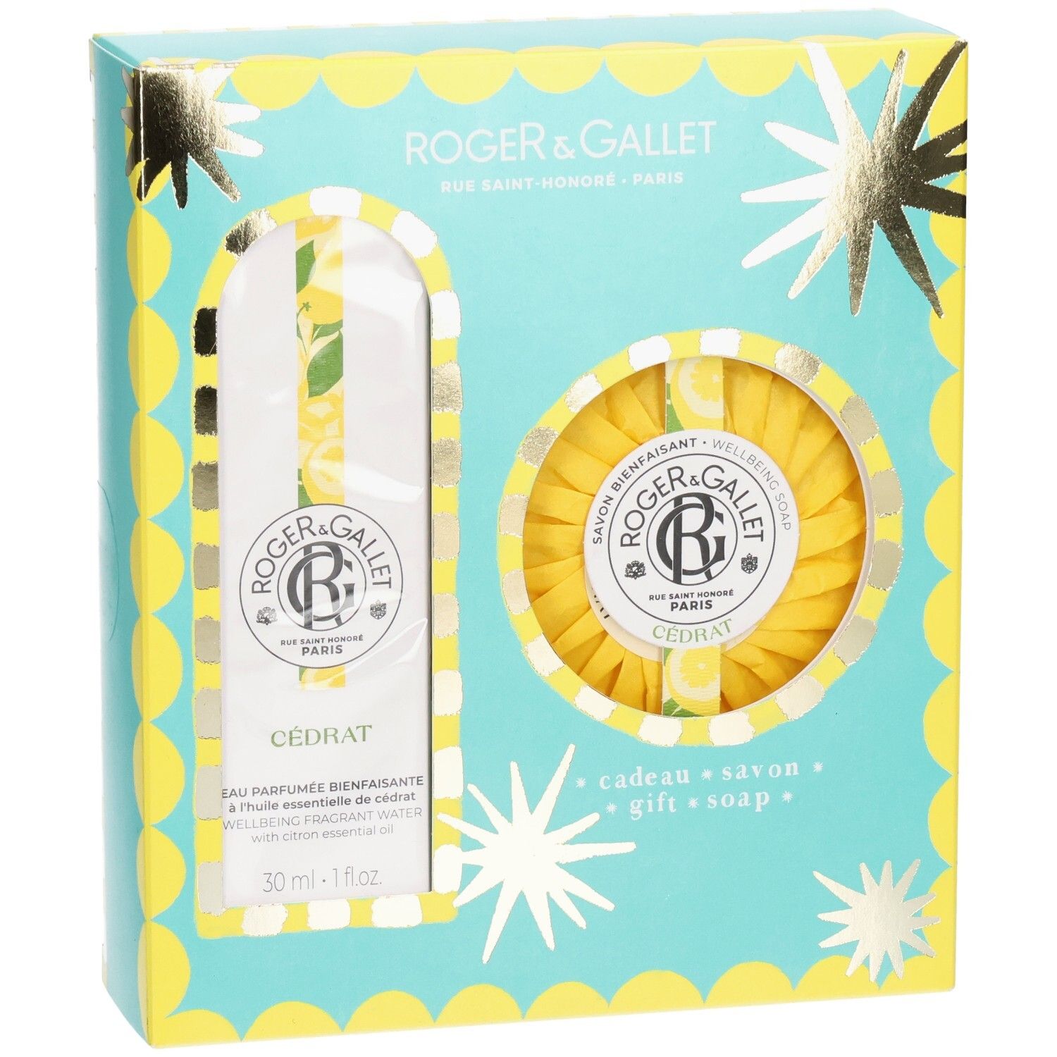 Geschenkset von Roger & Gallet mit Parfümwasser und Seife. Hellblaue Schachtel mit gelben Akzenten und Sternen. Cedrat.