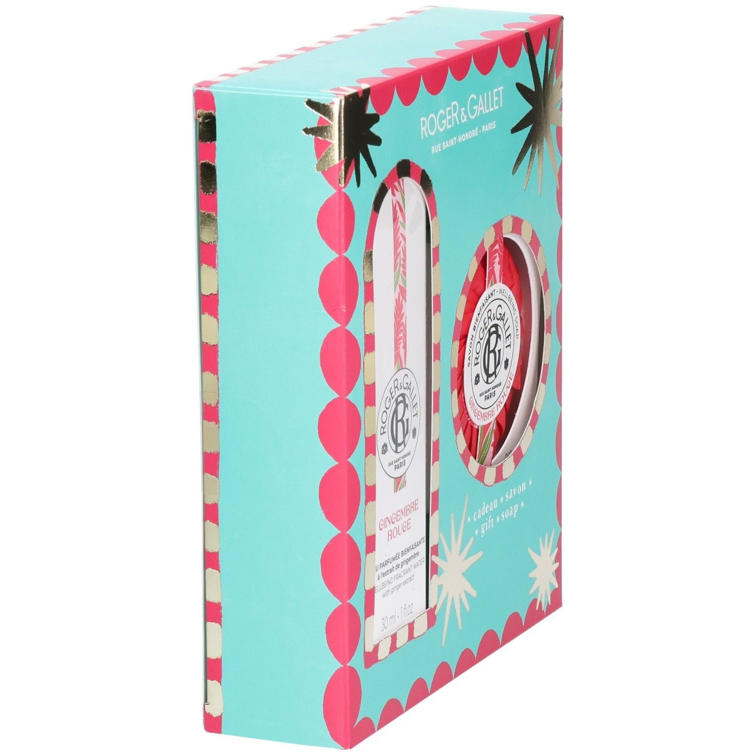 Seitenansicht der Geschenkbox. Türkis mit rosa Punkten und goldenen Akzenten. Enthält Eau Parfumée und Seife.