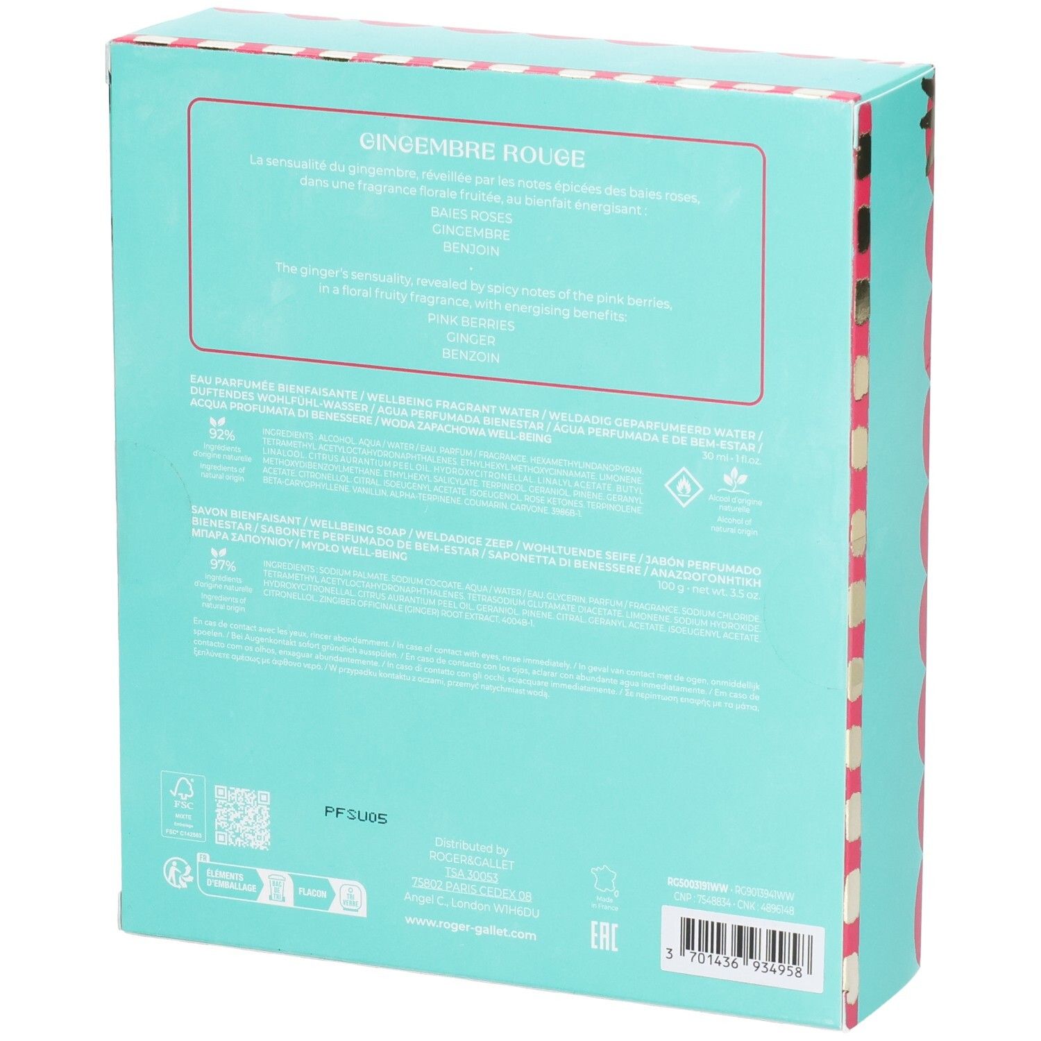 Rückseite der Geschenkbox. Türkis mit Text. Enthält Informationen über die Inhaltsstoffe und die Marke Roger & Gallet.