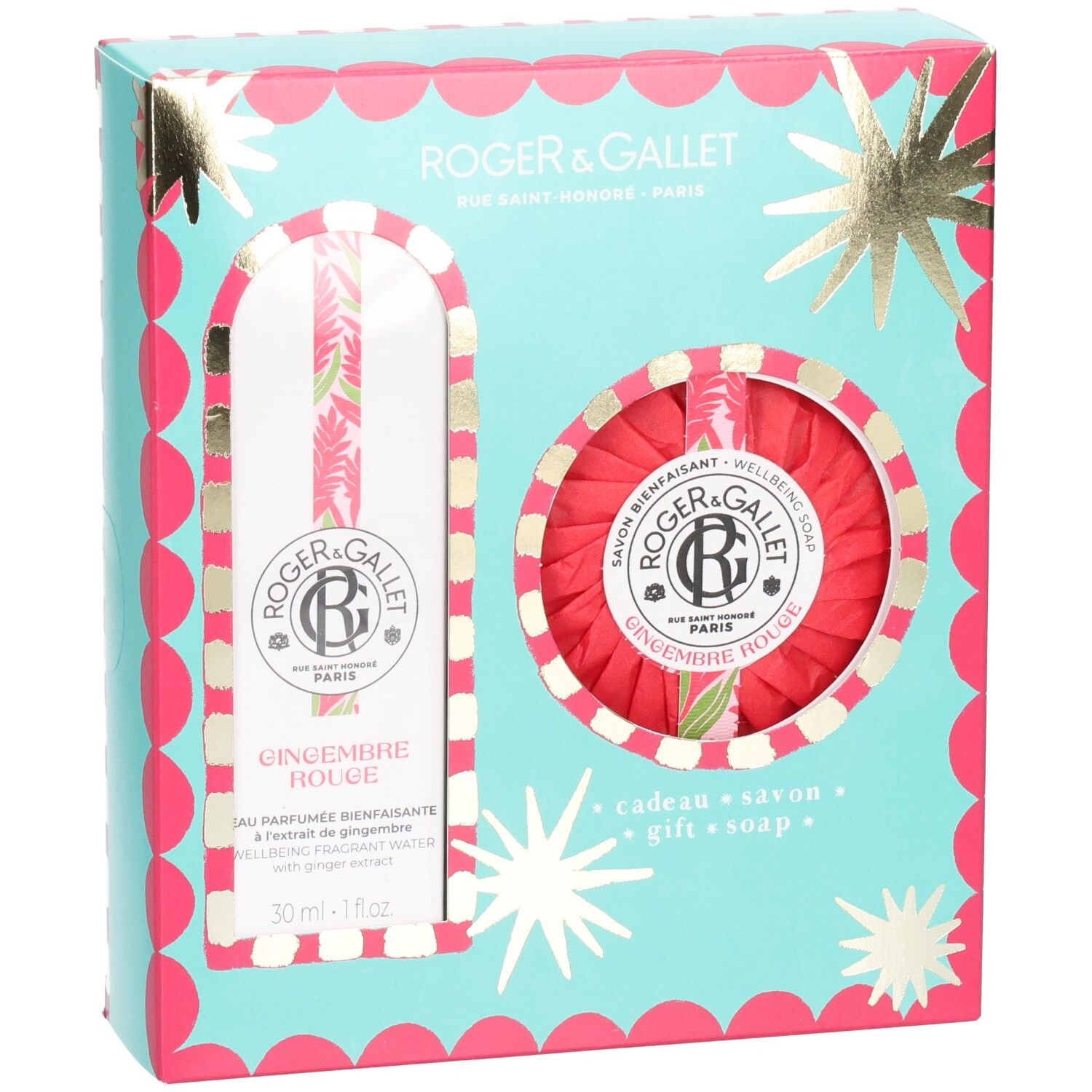 Geschenkset mit Eau Parfumée und Seife. Türkis-rosa Verpackung mit Sternen. Enthält eine Flasche und eine runde Seife.