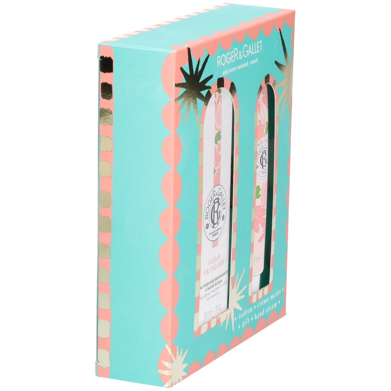 Geschenkset, seitliche Ansicht. Türkis-rosa Verpackung mit Sternen. Produkte mit floralem Muster. Text: Roger & Gallet, Fleur de Figuier.