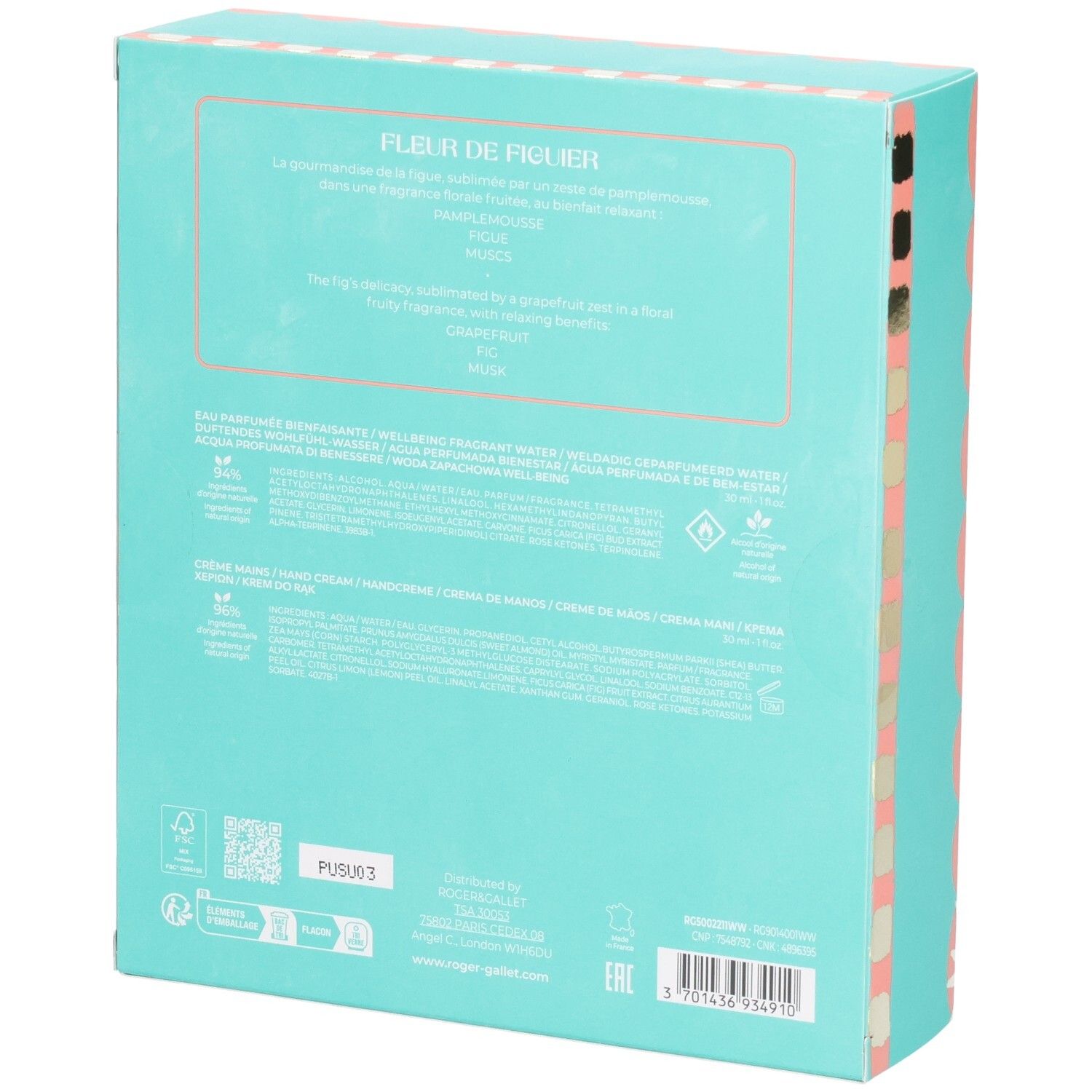 Rückseite der Geschenkbox. Türkis mit Text. Text: Fleur de Figuier, Inhaltsstoffe, Logos. QR-Code und Recycling-Symbole.