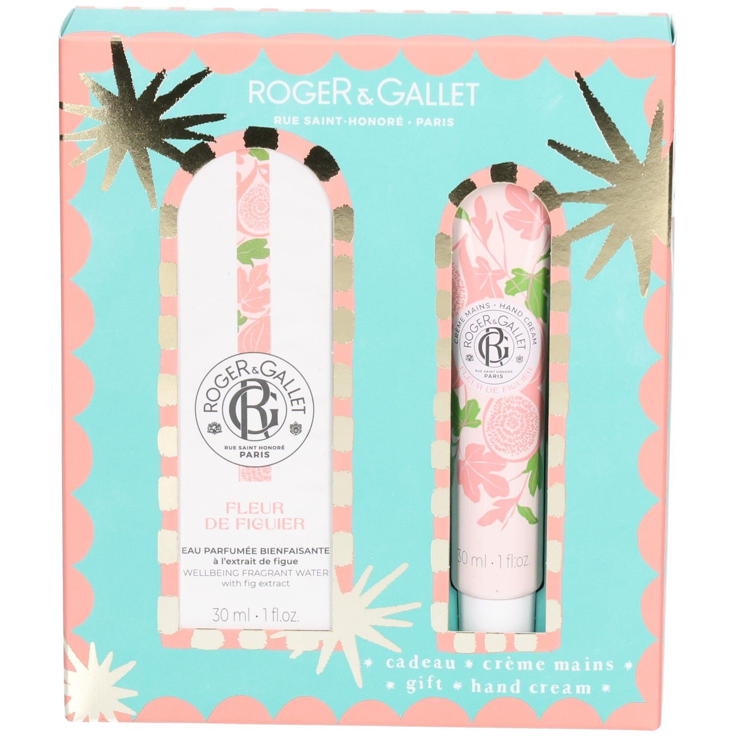 Geschenkset mit Eau Parfumée und Handcreme. Türkis-rosa Verpackung mit Sternen. Produkte mit floralem Muster. Text: Fleur de Figuier.
