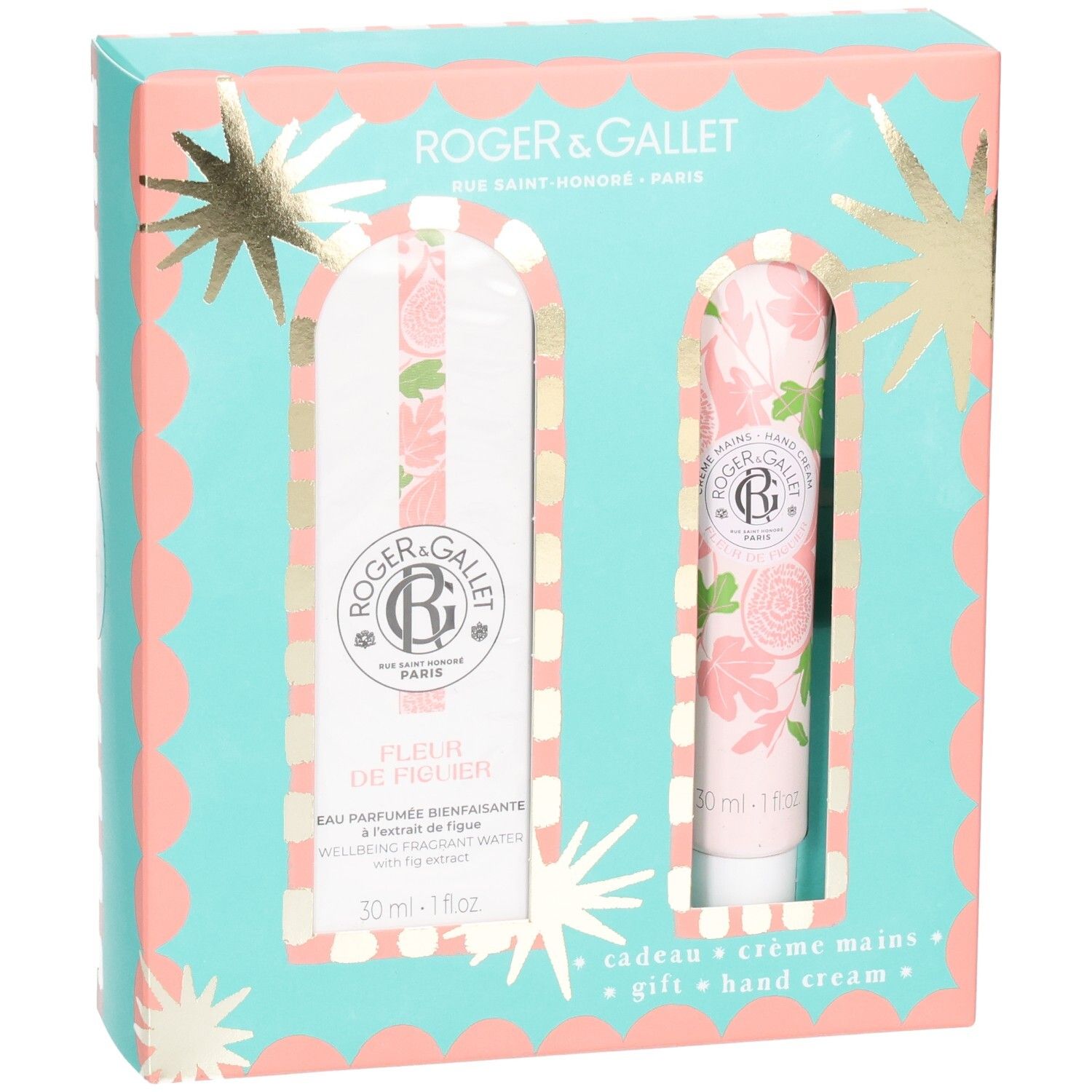 Geschenkset mit Eau Parfumée und Handcreme. Türkis-rosa Verpackung mit Sternen. Produkte mit floralem Muster. Text: Fleur de Figuier.