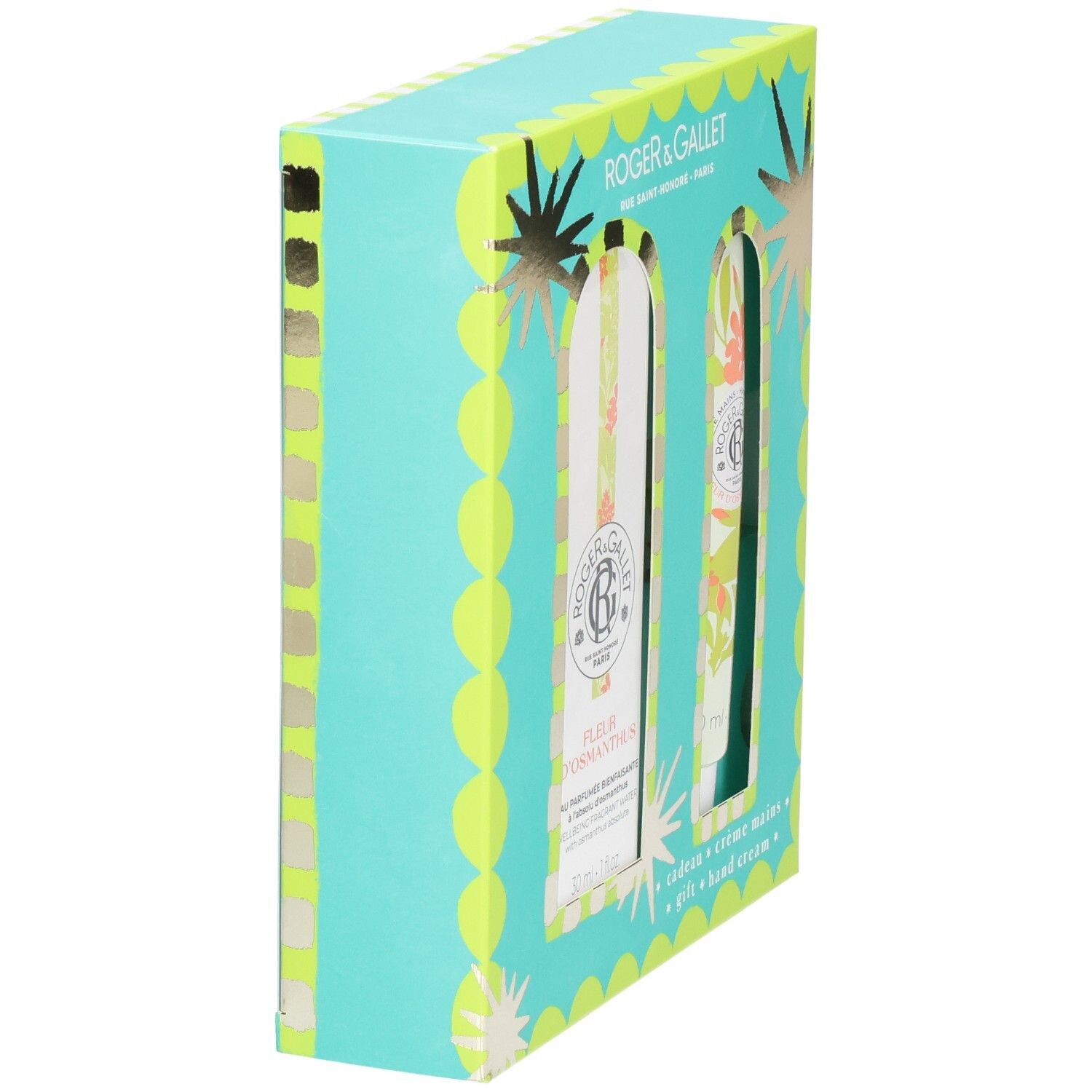 Seitenansicht des Geschenksets. Türkis-gelbe Verpackung mit floralem Design. Enthält Eau de Parfum und Handcreme.
