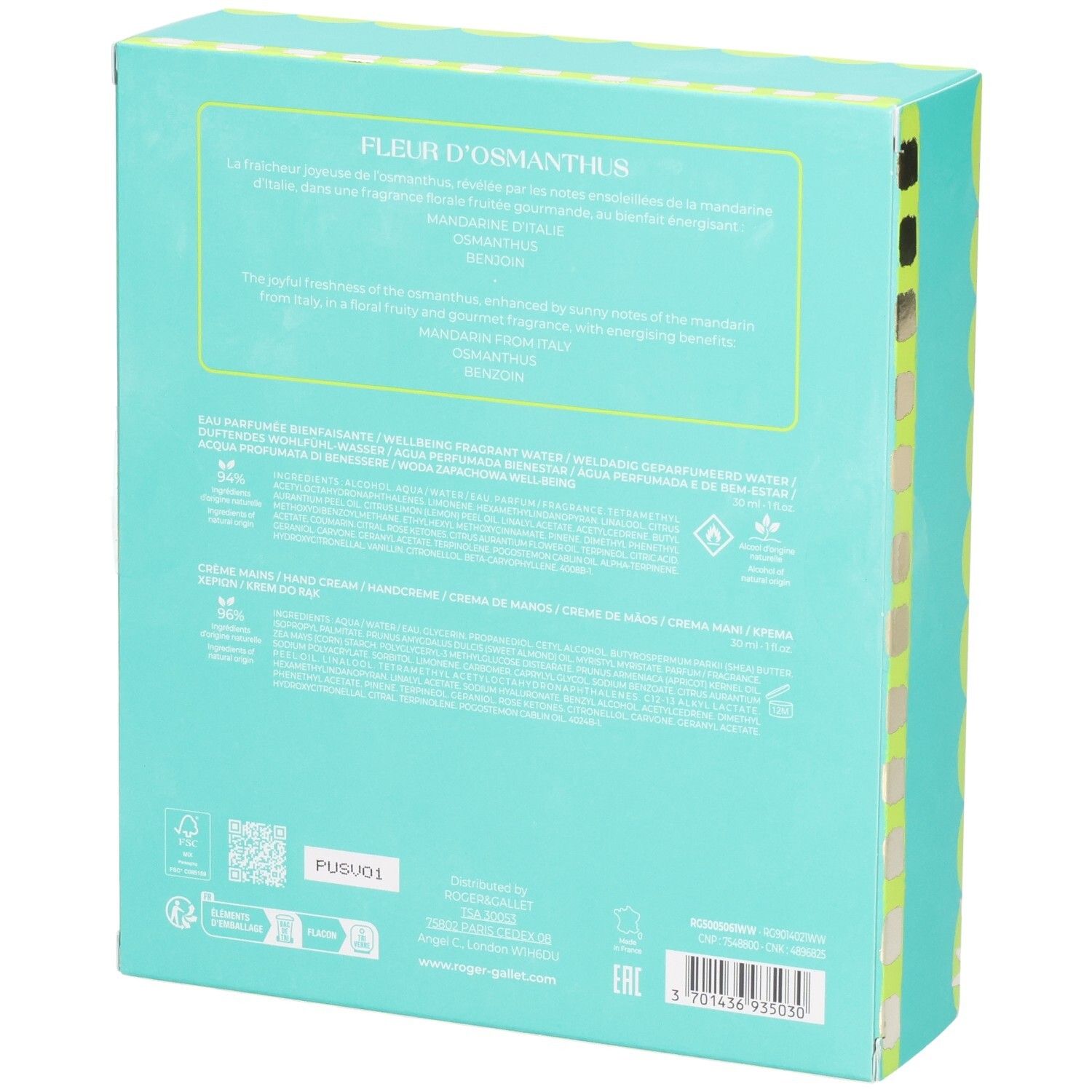 Rückseite des Geschenksets. Türkis-gelbe Verpackung mit Produktinformationen und Zertifizierungen. Marke Roger & Gallet.
