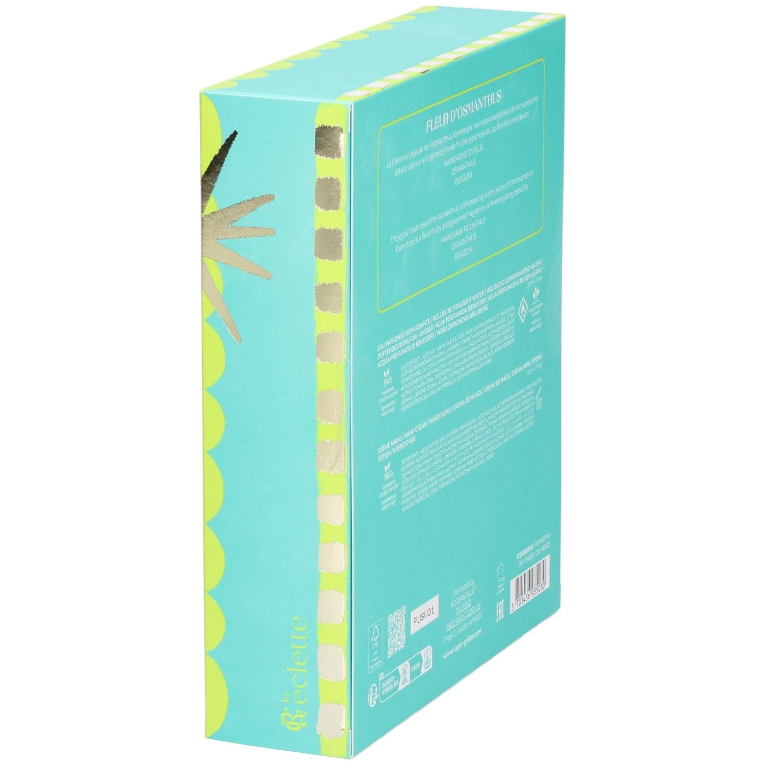 Seitenansicht des Geschenksets. Türkis-gelbe Verpackung mit Produktinformationen. Marke Roger & Gallet.