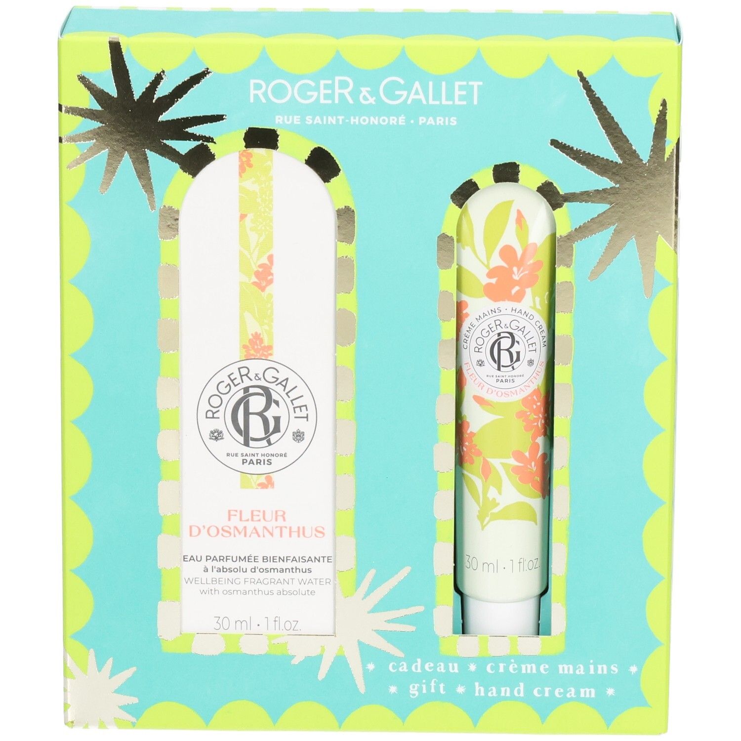 Geschenkset mit Eau de Parfum und Handcreme. Türkis-gelbe Verpackung mit floralem Design. Marke Roger & Gallet.
