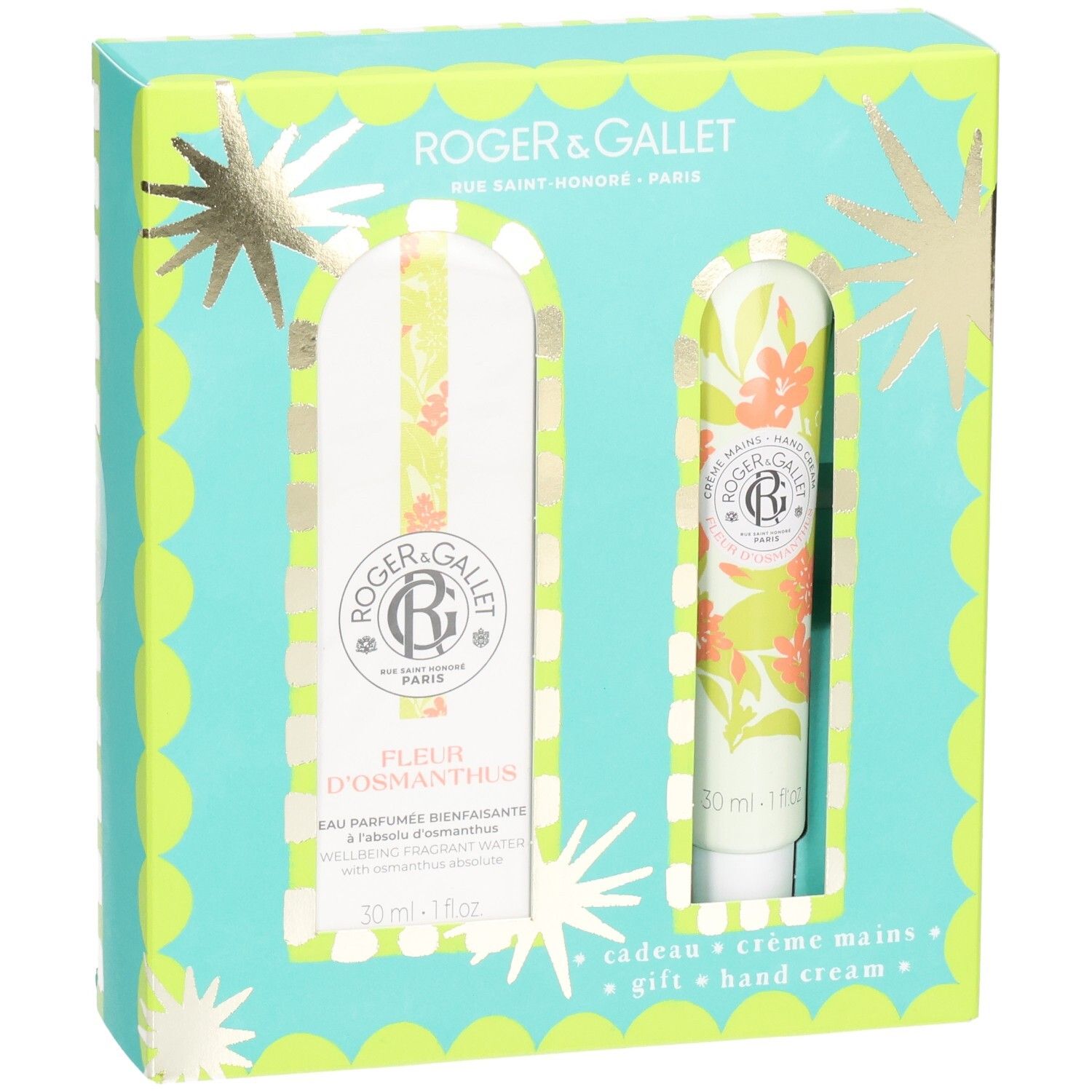 Geschenkset mit Eau de Parfum und Handcreme. Türkis-gelbe Verpackung mit floralem Design. Marke Roger & Gallet.