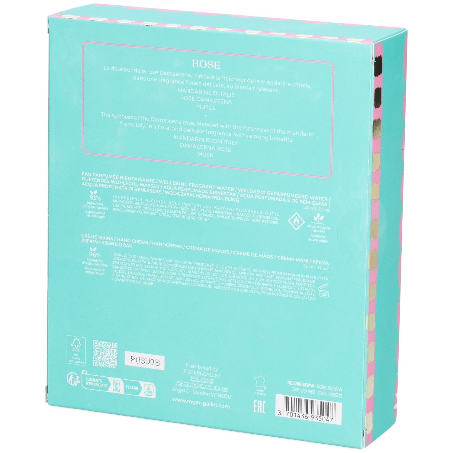 Rückseite der Geschenkbox. Türkis mit Text und Logos. Enthält Informationen über den Inhalt und die Marke Roger & Gallet.