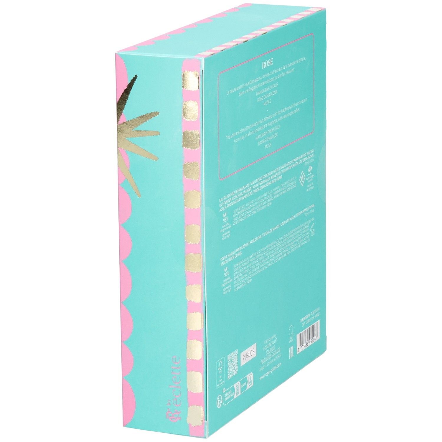Seitenansicht der Geschenkbox. Türkis mit Text. Enthält Informationen über den Inhalt und die Marke Roger & Gallet.