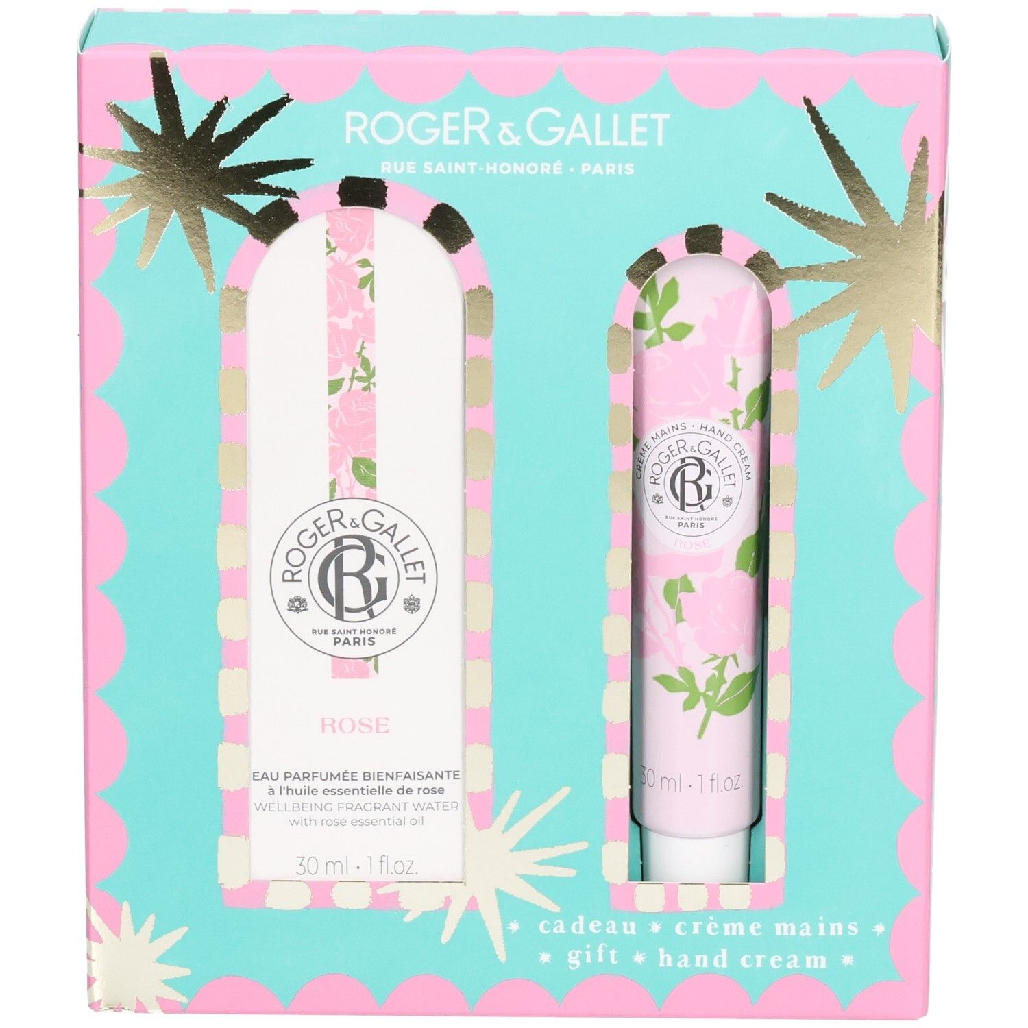Geschenkbox mit zwei Produkten. Türkis-rosa Design mit Sternen. Enthält eine Flasche und eine Tube. Marke Roger & Gallet.