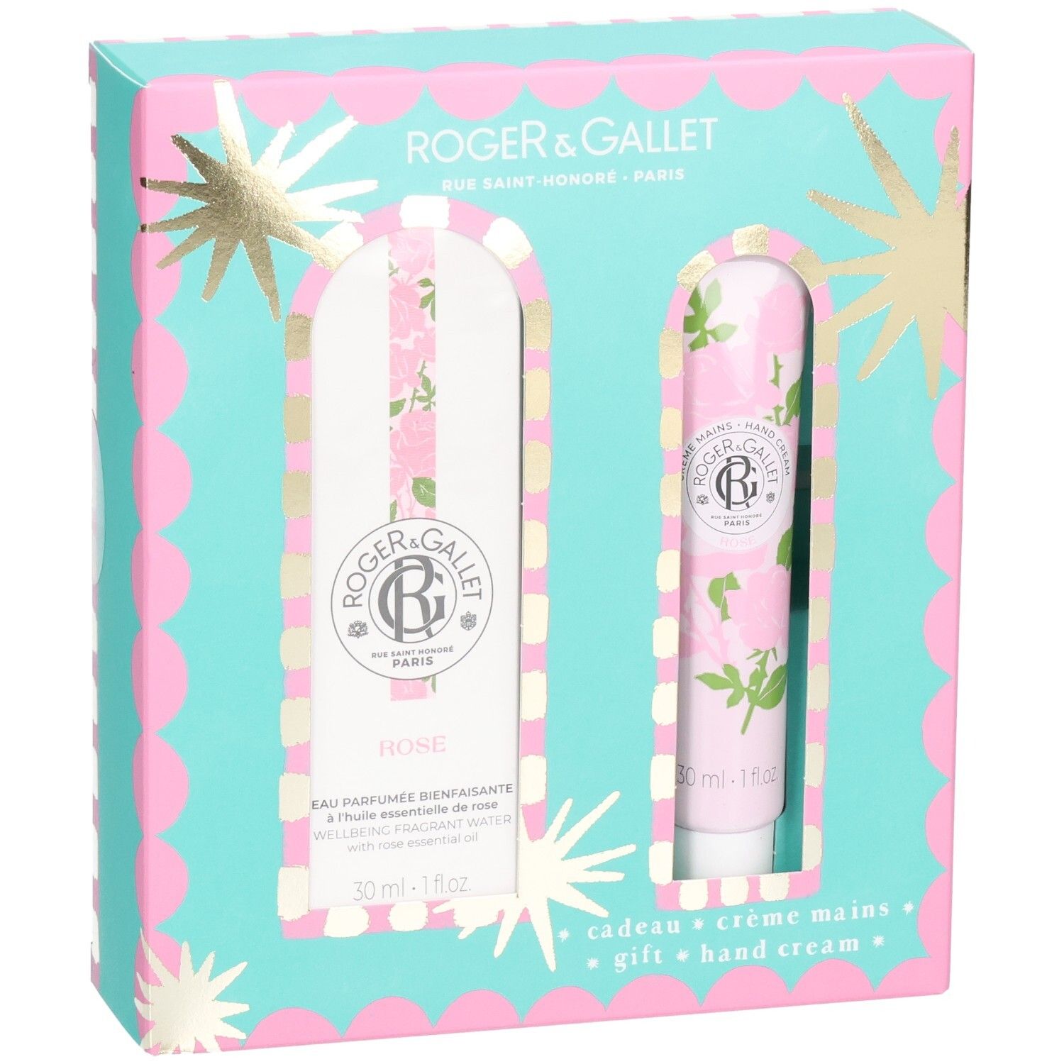 Geschenkbox mit zwei Produkten. Türkis-rosa Design mit Sternen. Enthält eine Flasche und eine Tube. Marke Roger & Gallet.