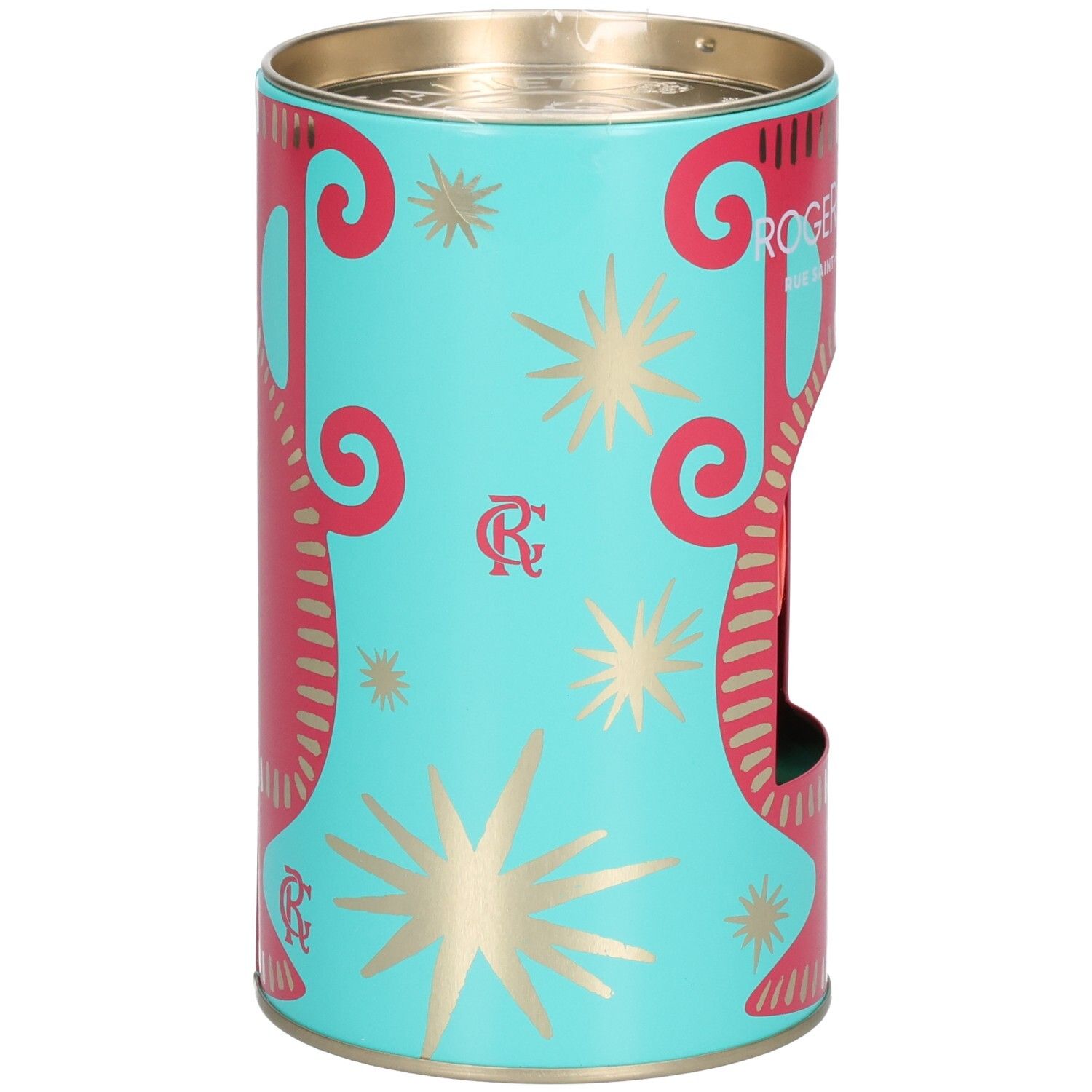 Türkisfarbene zylindrische Geschenkbox mit rotem und goldenem Design. Marke Roger & Gallet.