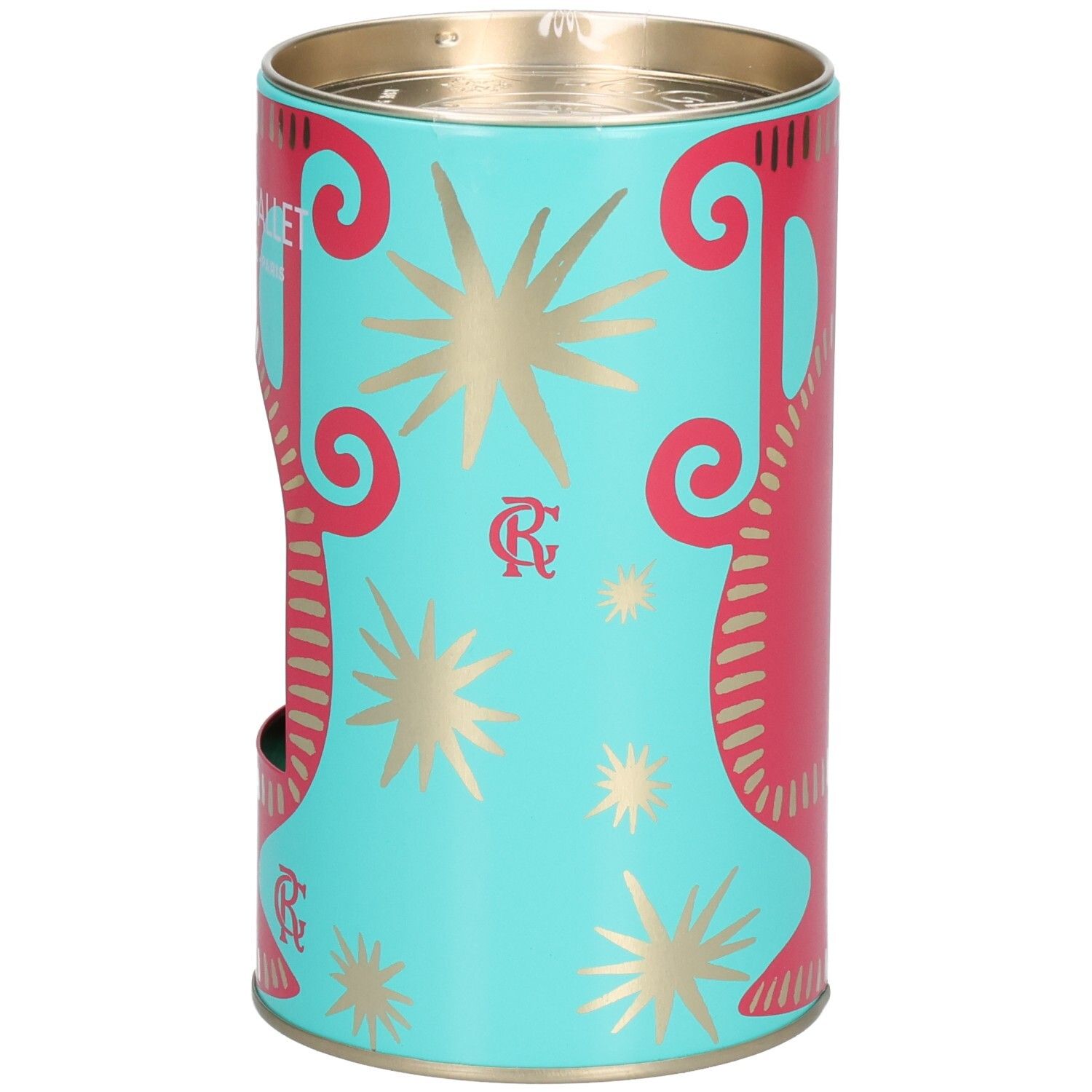 Türkisfarbene zylindrische Geschenkbox mit rotem und goldenem Design. Marke Roger & Gallet.